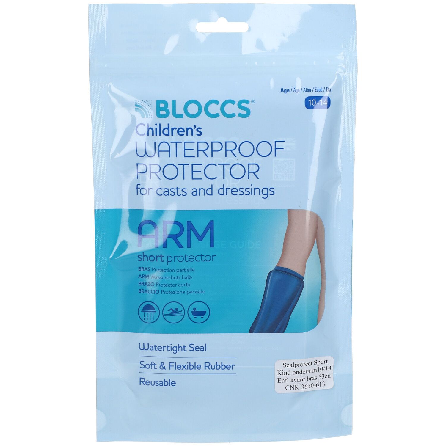 Emballage bleu transparent. Contient un protecteur de bras imperméable pour enfants. Texte: 'BLOCCS Children's Waterproof Protector'.