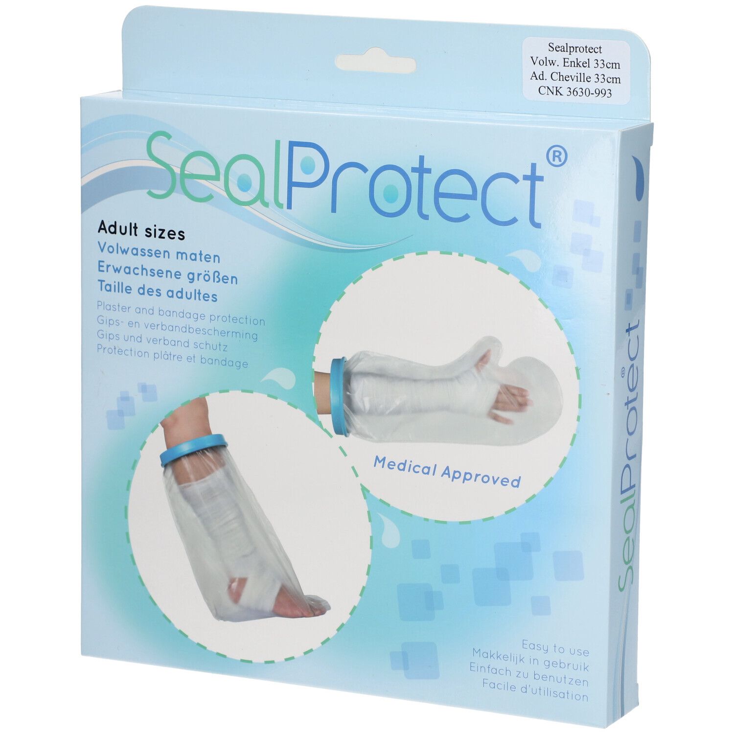 Emballage SealProtect. Illustrations de protections pour bras et pieds. Texte: Adult sizes, Medical Approved.