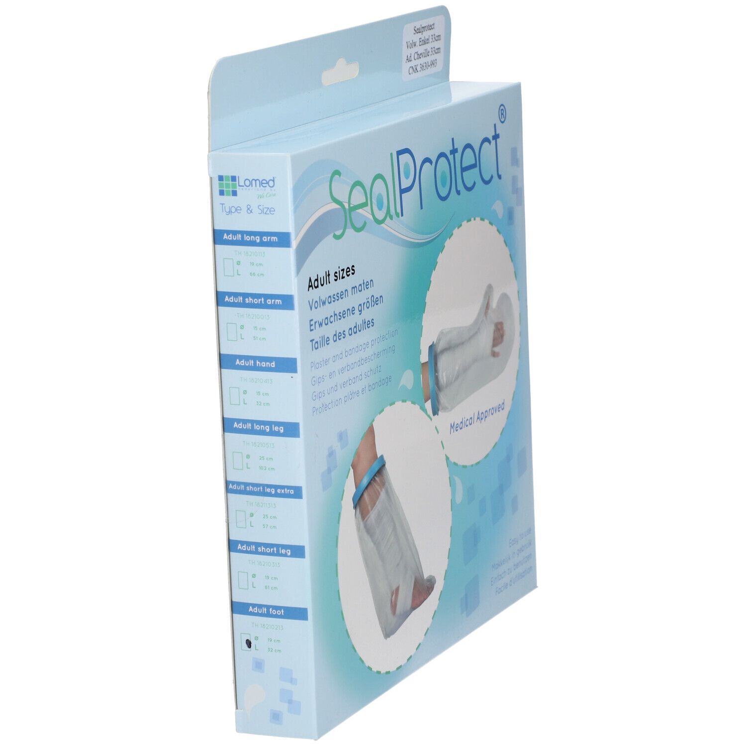 Emballage SealProtect, vue latérale. Nom du produit et informations sur les tailles. Texte: Adult sizes, Medical Approved.