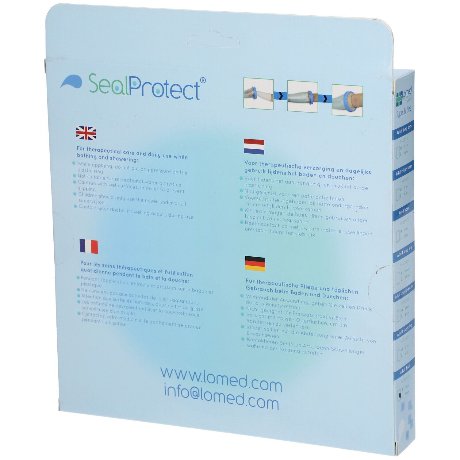 Dos de l'emballage SealProtect. Texte multilingue. Informations sur les soins thérapeutiques.