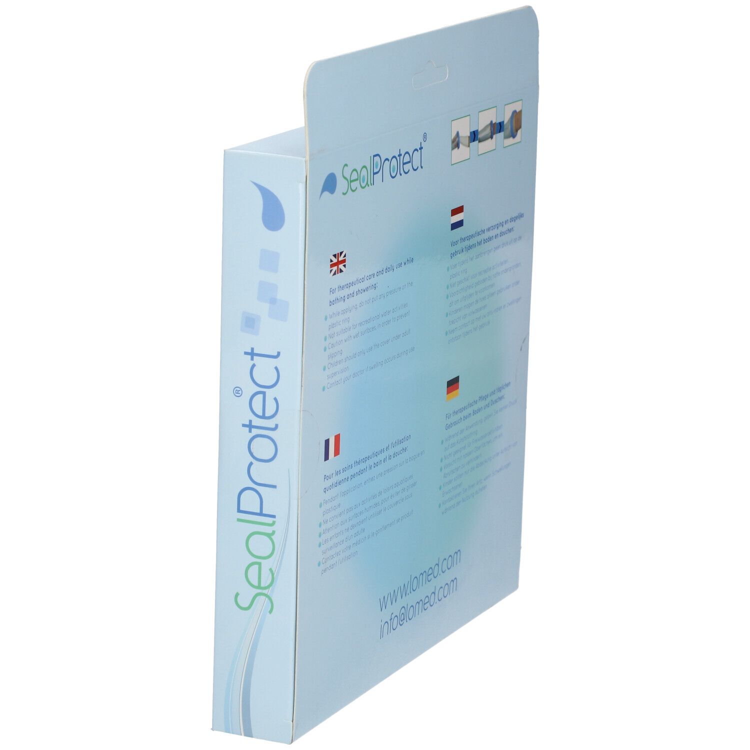 Vue latérale de l'emballage SealProtect. Nom du produit et texte. Informations sur les soins thérapeutiques.