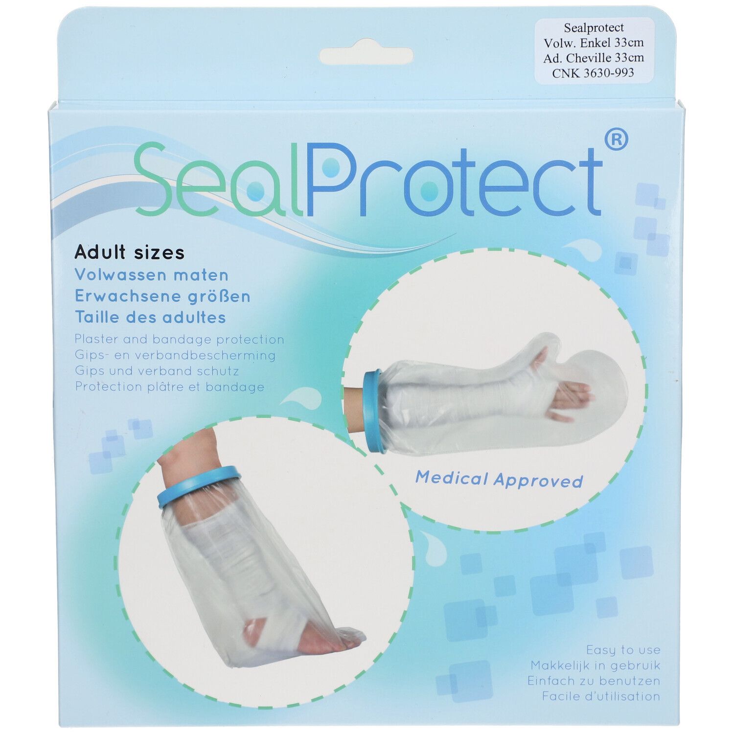 Emballage SealProtect. Illustrations de protections pour bras et pieds. Texte: Adult sizes, Medical Approved.