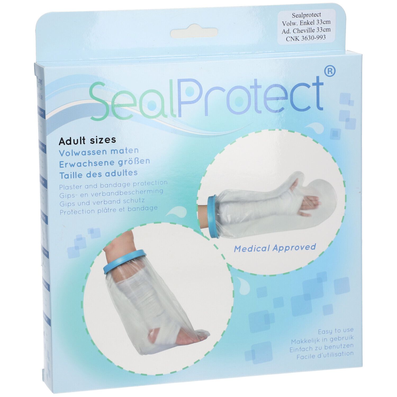 Emballage SealProtect. Illustrations de protections pour bras et pieds. Texte: Adult sizes, Medical Approved.