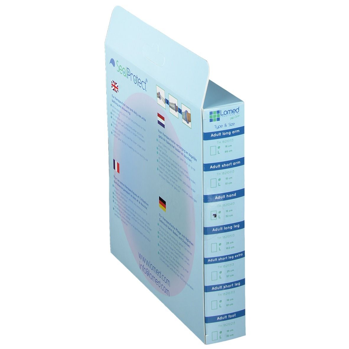 Côté de l'emballage Sealprotect Cubierta Protectiva Adulto Mano 38 cm. Informations de taille pour différentes parties du corps. Adresse du site web.