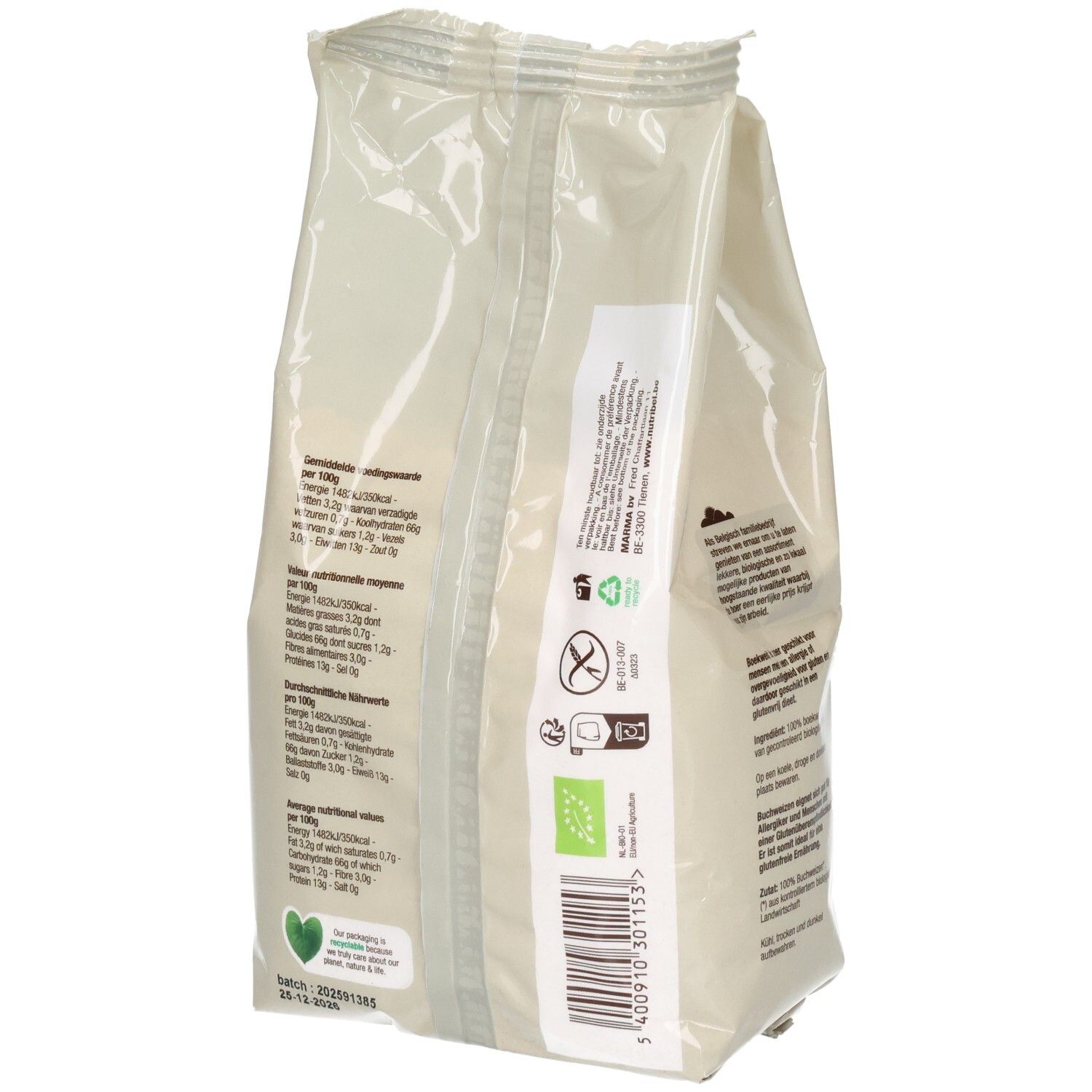 Dos du sachet de farine de sarrasin Nutribel. Texte: informations nutritionnelles, label bio, date limite, symboles de recyclage.