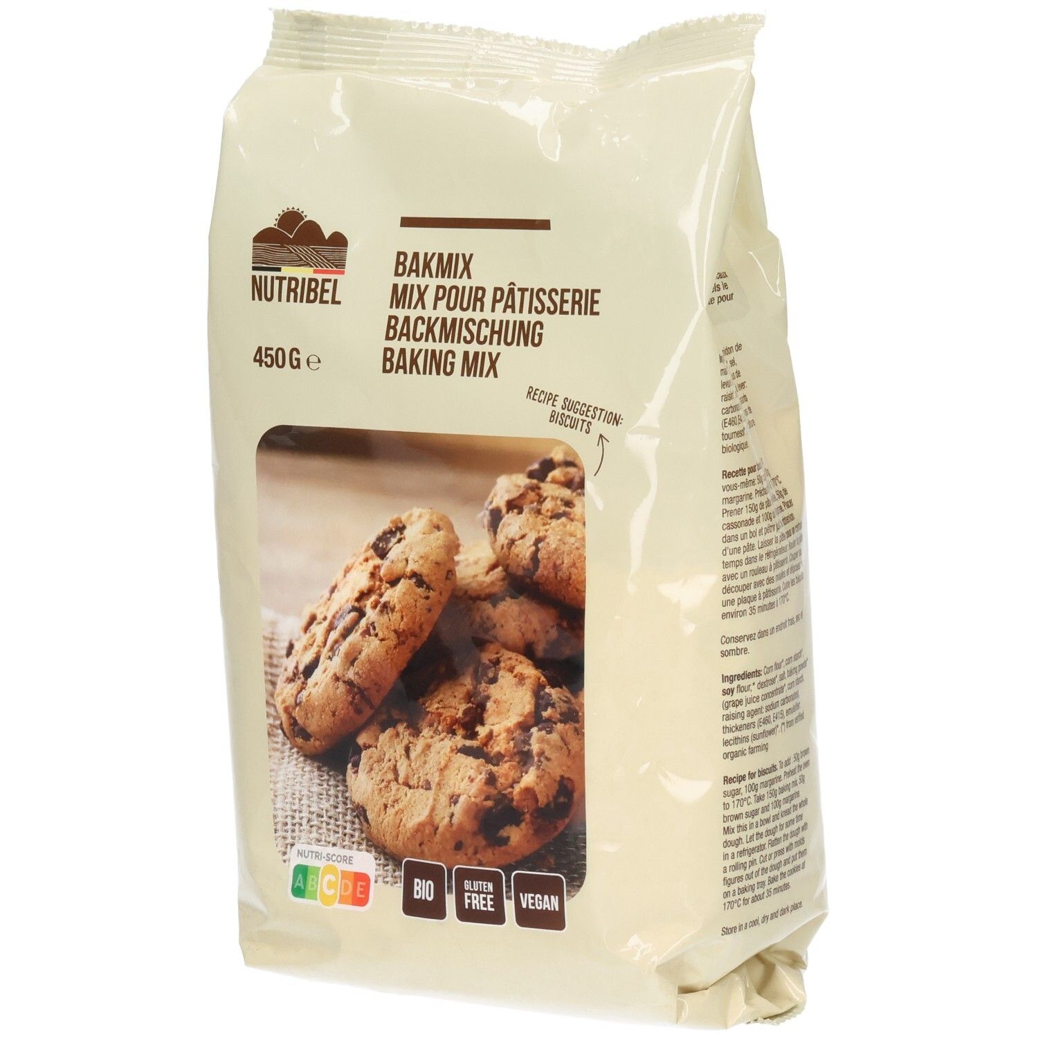Paquet de mélange à pâtisserie Nutribel. Fenêtre avec biscuits. Inscriptions: BIO, sans gluten, vegan. 450g.