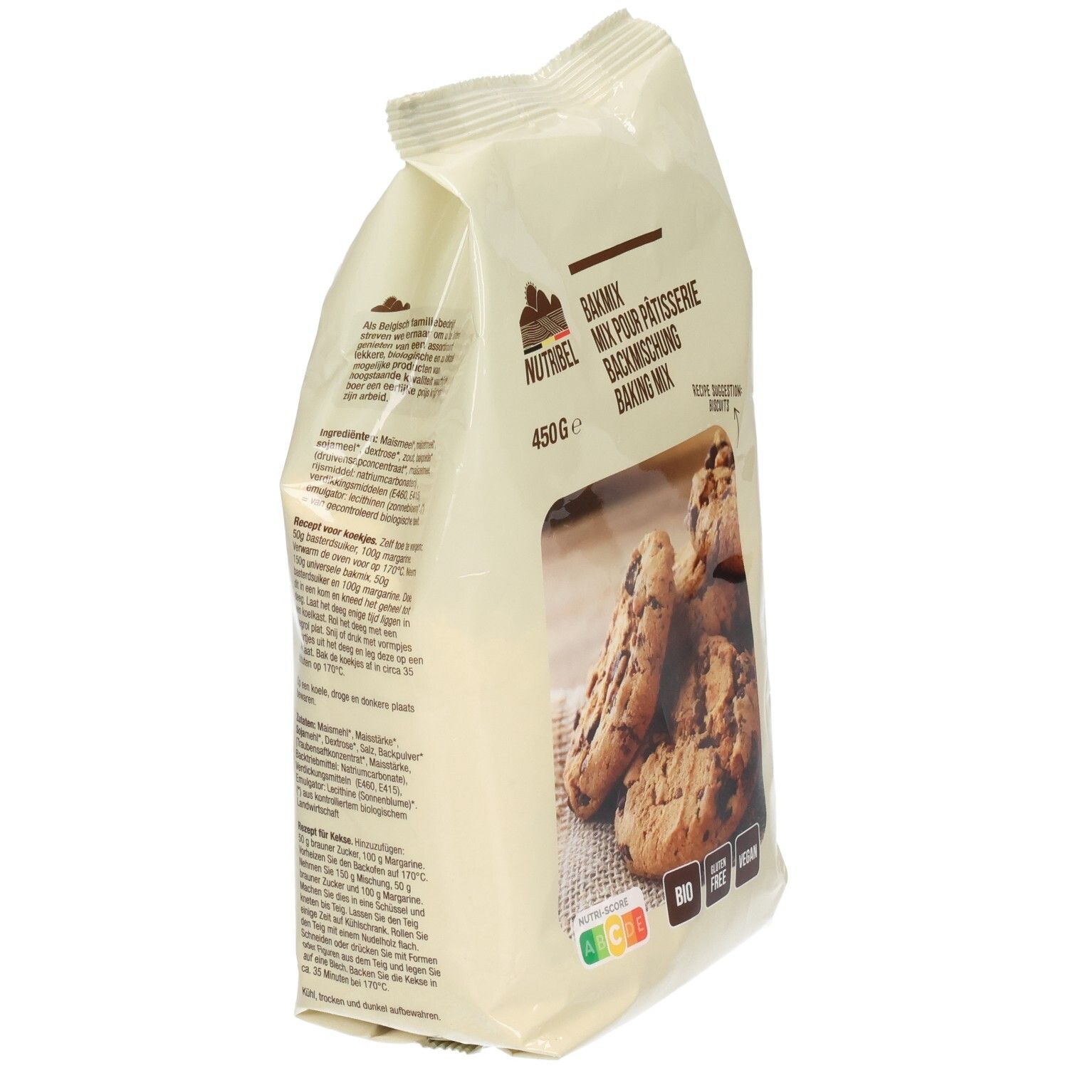 Paquet de mélange à pâtisserie Nutribel. Dos avec texte. Inscriptions: BIO, sans gluten, vegan. 450g.