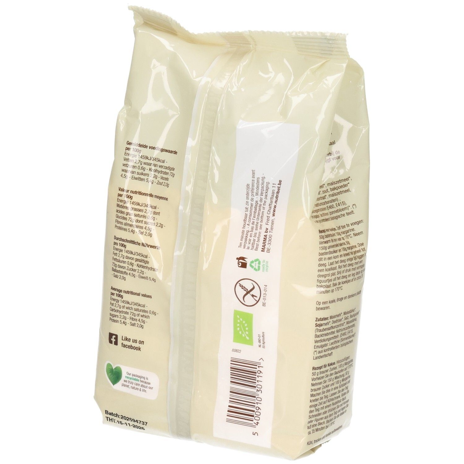 Paquet de mélange à pâtisserie Nutribel. Dos avec texte et étiquettes. Inscriptions: BIO, sans gluten, vegan. 450g.