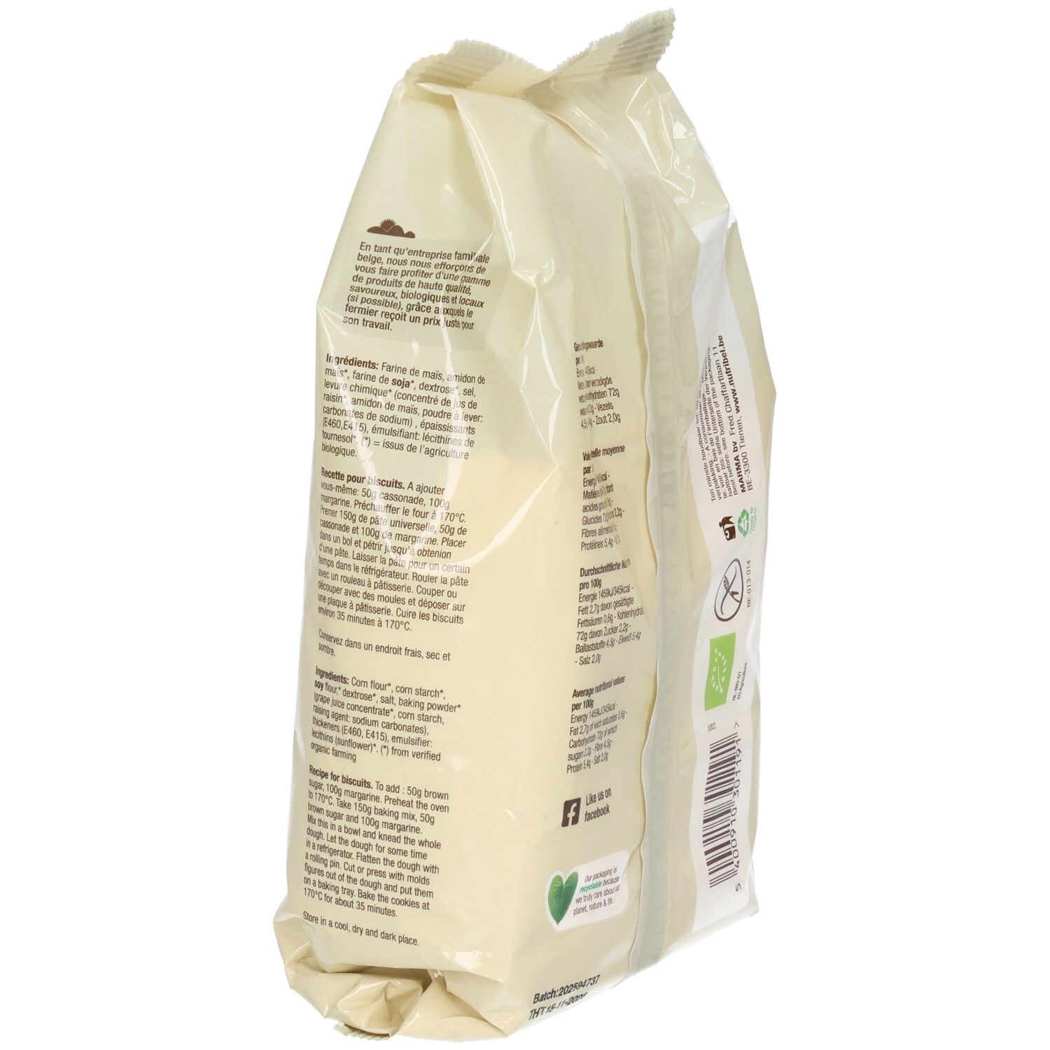 Paquet de mélange à pâtisserie Nutribel. Dos avec texte et étiquettes. Inscriptions: BIO, sans gluten, vegan. 450g.