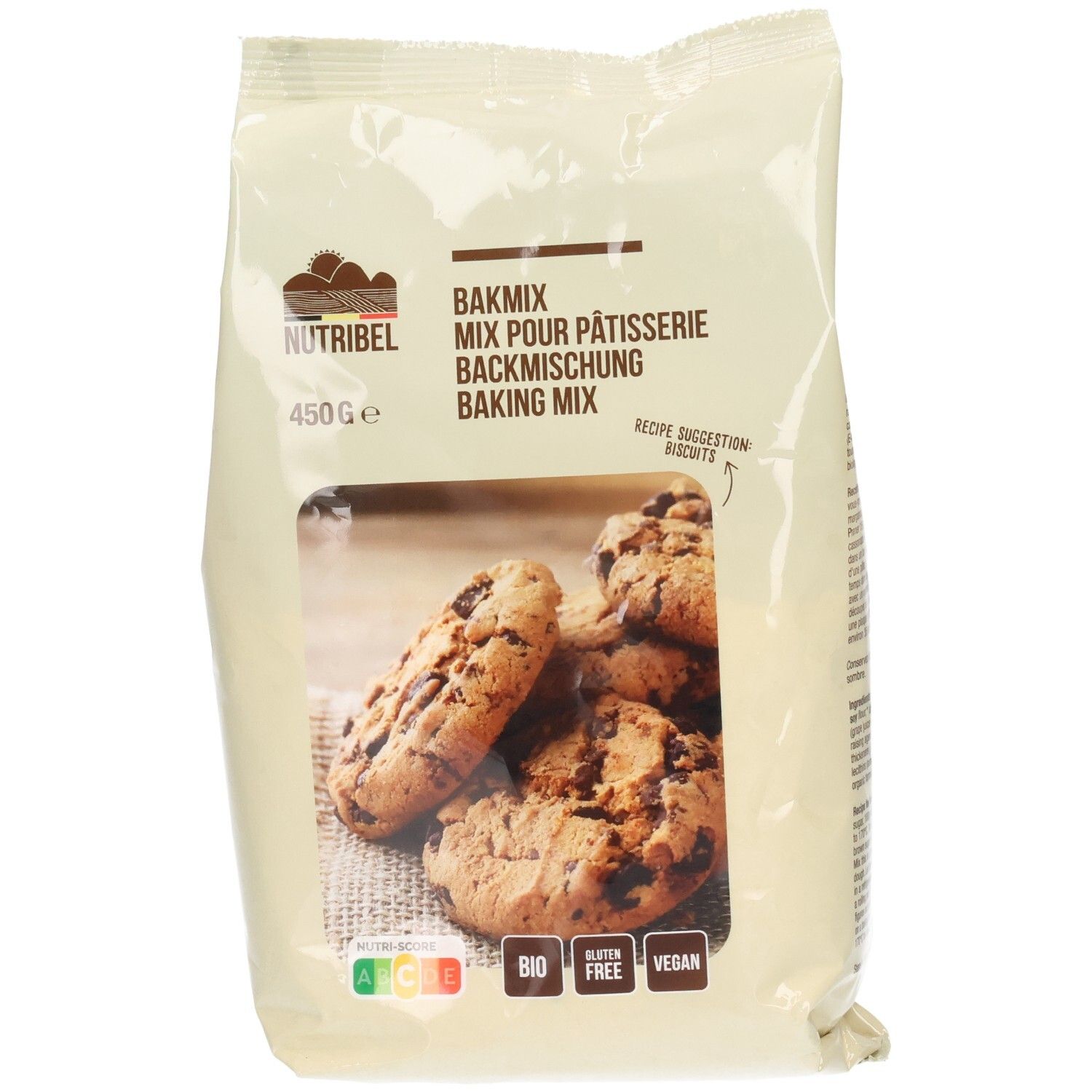 Paquet de mélange à pâtisserie Nutribel. Fenêtre avec biscuits. Inscriptions: BIO, sans gluten, vegan. 450g.