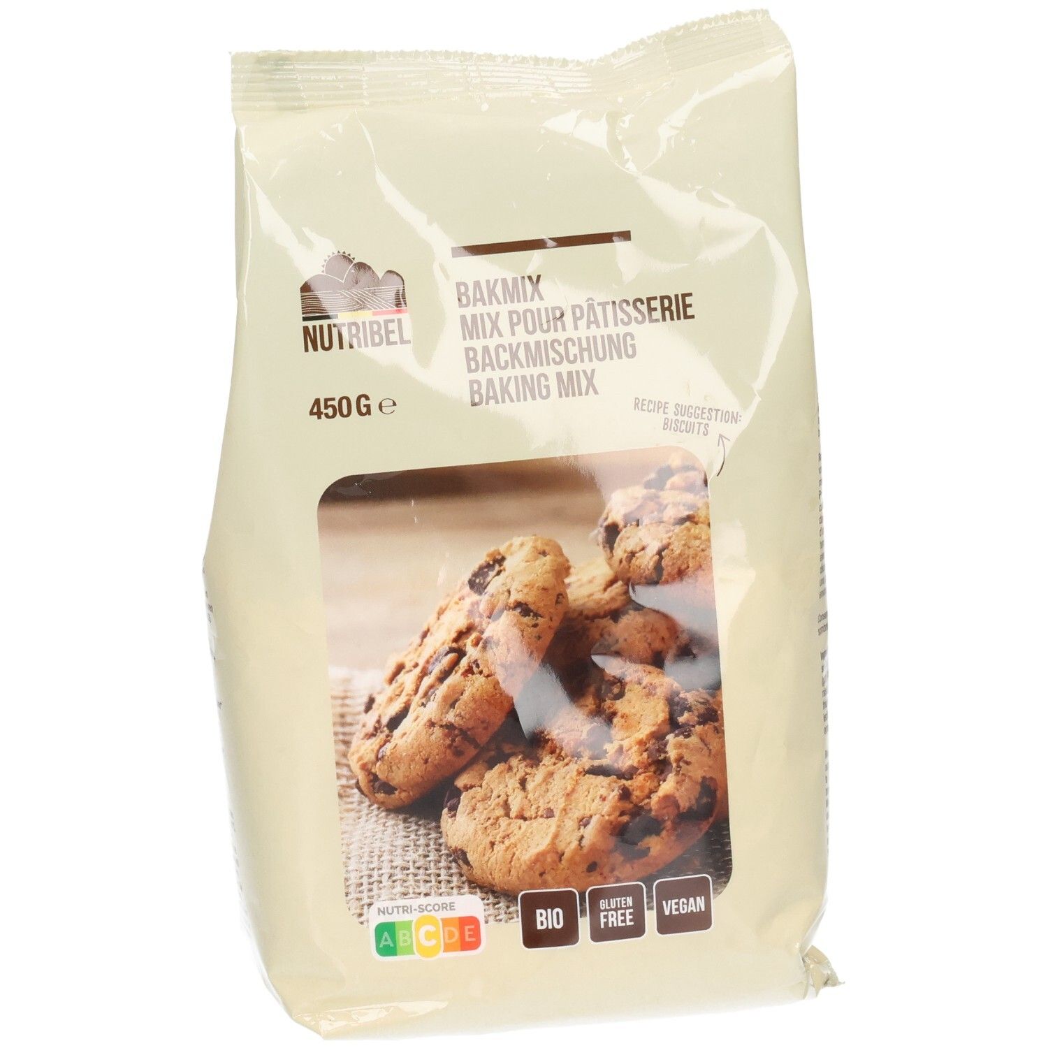 Paquet de mélange à pâtisserie Nutribel. Fenêtre avec biscuits. Inscriptions: BIO, sans gluten, vegan. 450g.