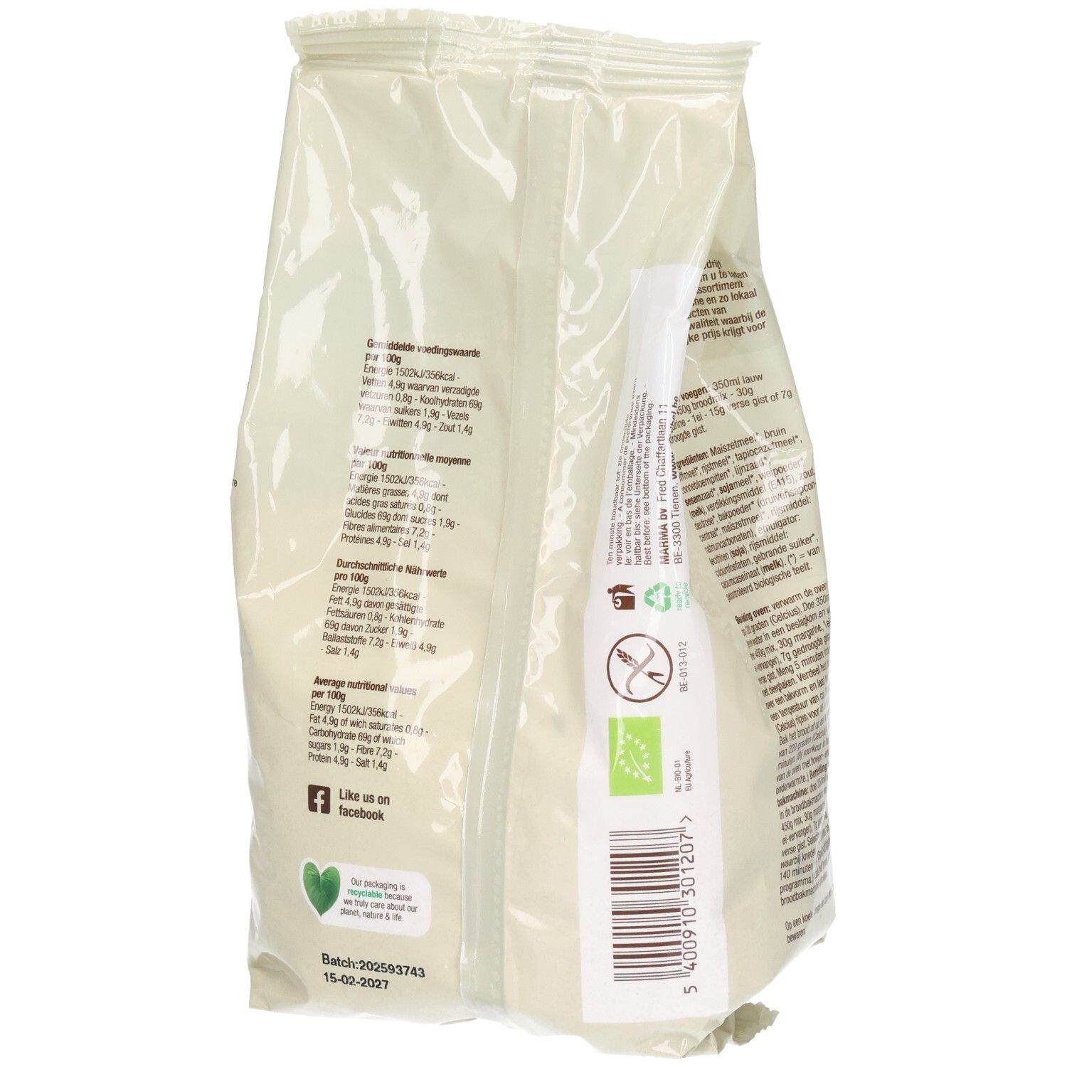 Dos du mélange à pain. Informations nutritionnelles, ingrédients, label bio, sans gluten, code-barres.
