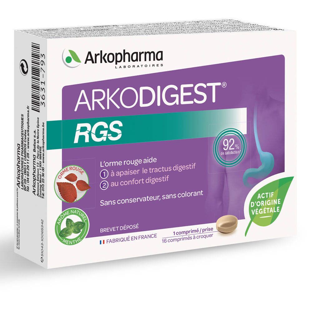 Boîte de comprimés à croquer Arkodigest RGS. Emballage violet et blanc avec nom et logo du produit. Un comprimé à côté.