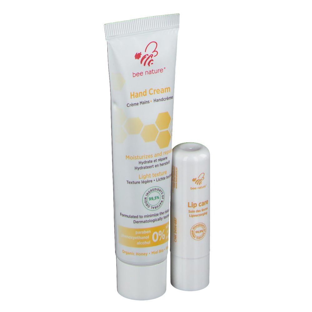 Tube de crème pour les mains et stick à lèvres. Blancs avec des accents jaunes. Inscription : bee nature®, Hand Cream, Lip care.