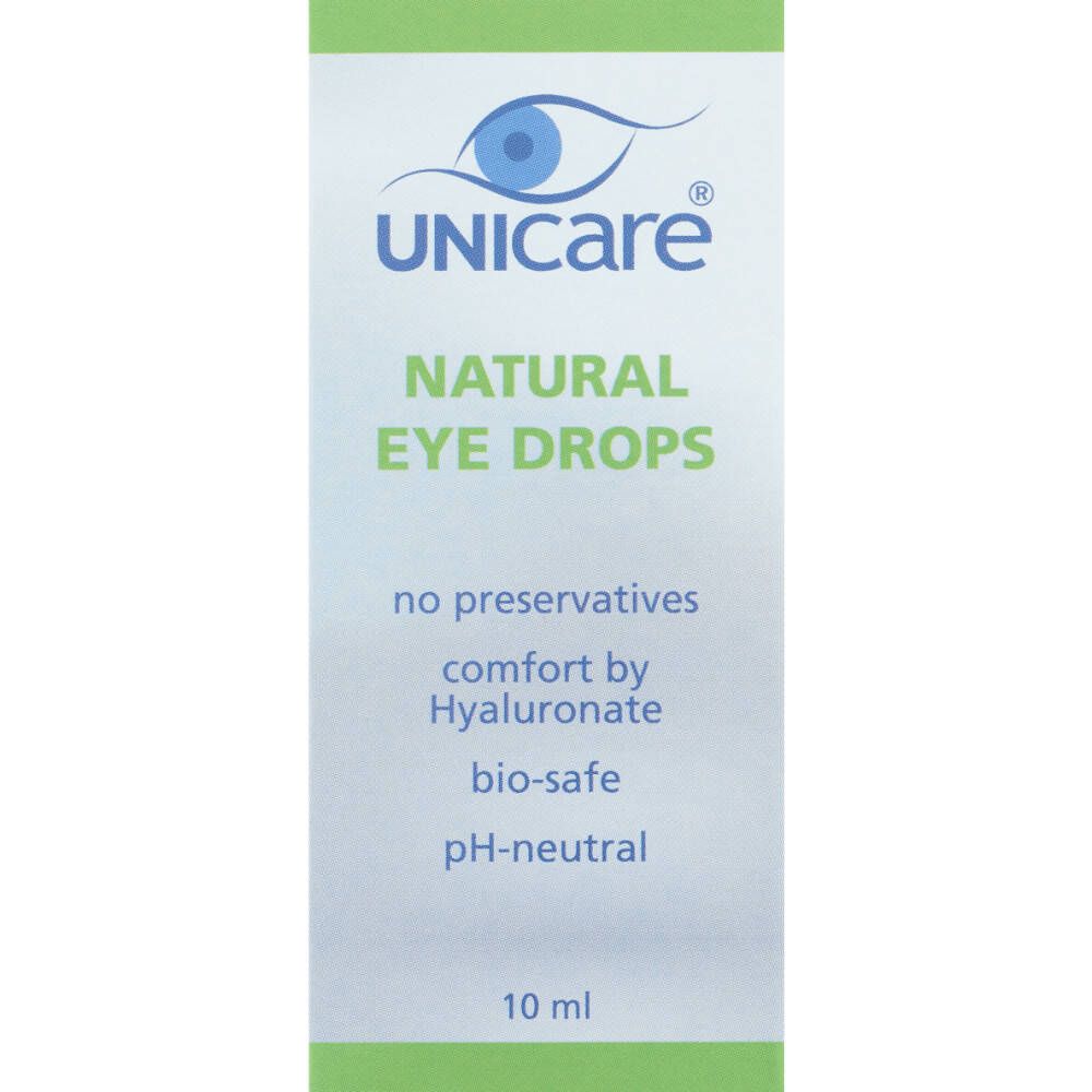 Boîte de Unicare Natural Eye Drops. Inscription : Natural Eye Drops, 10 ml, sans conservateurs.