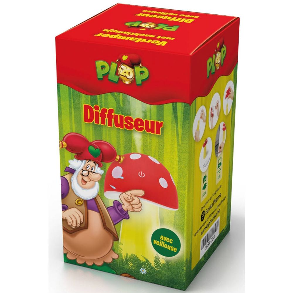 Boîte du Studio 100 Plop Vaporizadora Champiñón. Carton rouge avec image et texte. Illustration d'un champignon.