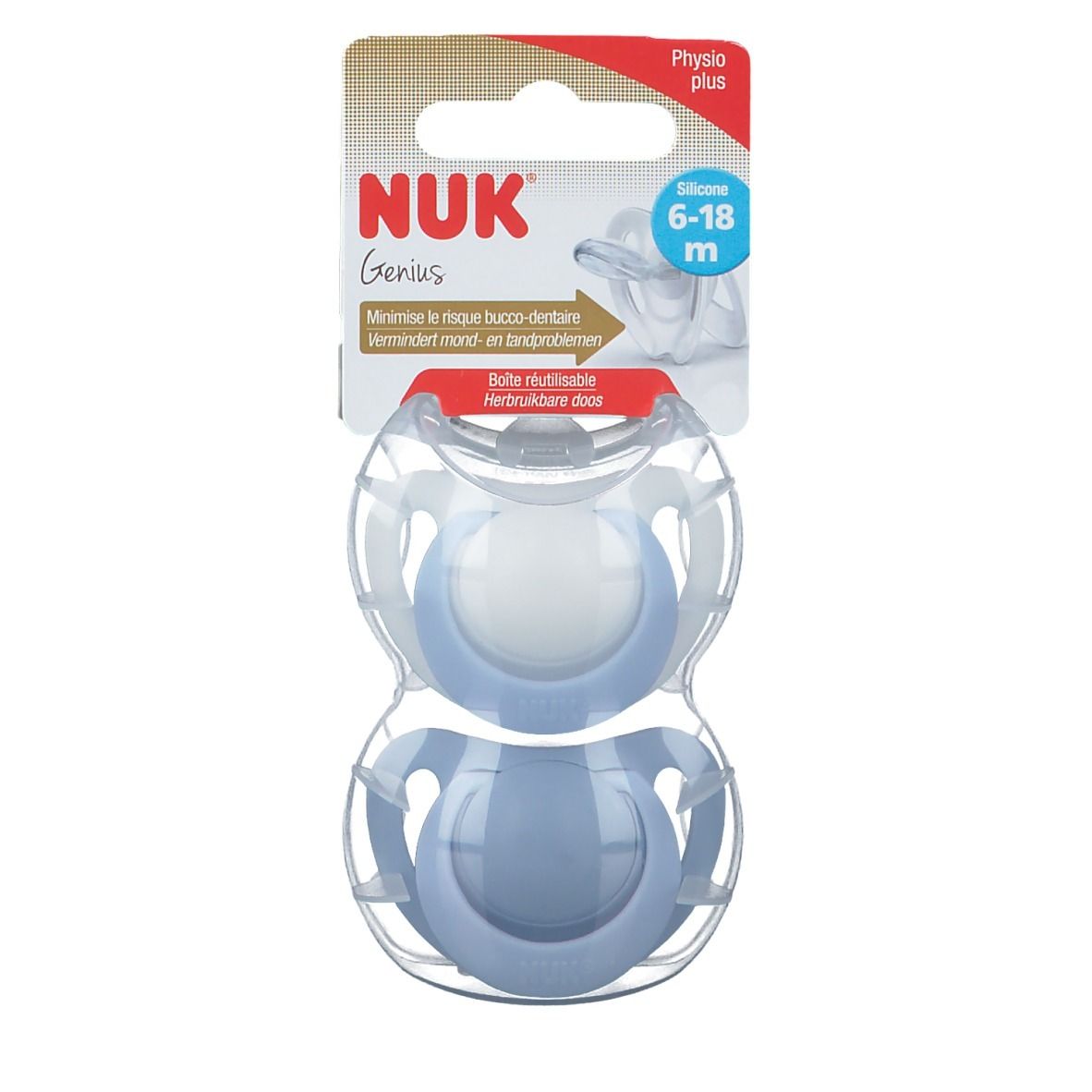 Deux sucettes bleues dans un emballage transparent. NUK Genius, 6-18 mois. Physio plus. Boîte réutilisable.