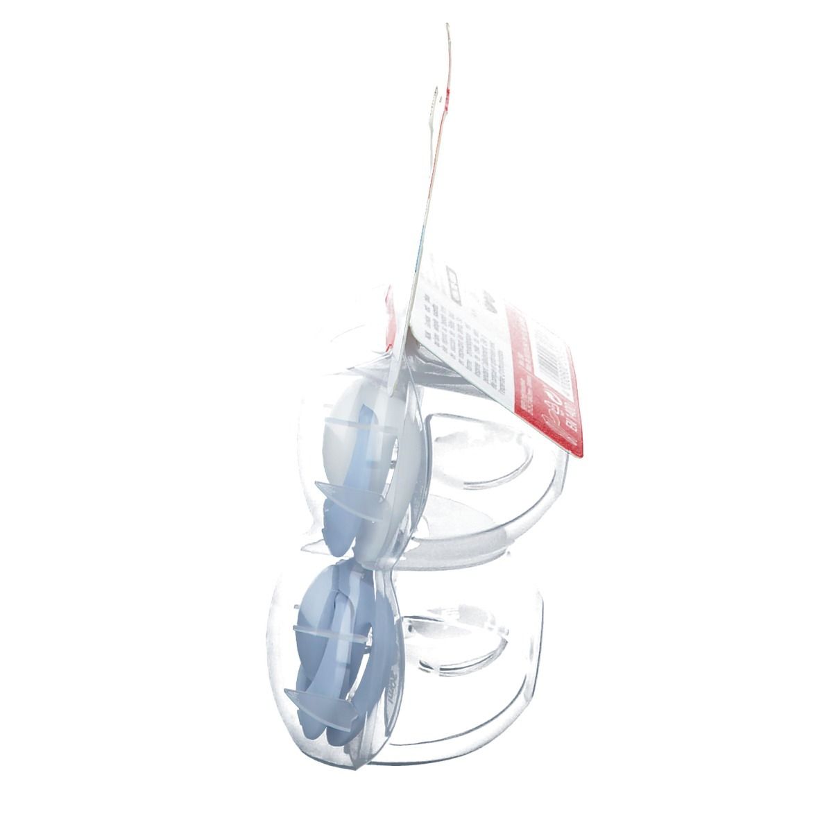 Vue latérale de l'emballage avec deux sucettes bleues. Emballage plastique transparent. Étiquette NUK.