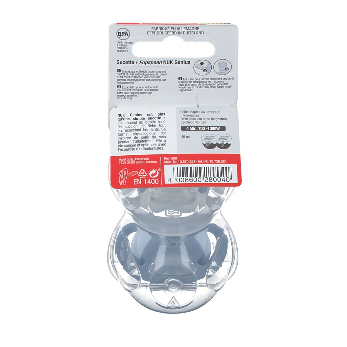 Dos de l'emballage avec informations. Deux sucettes bleues dans un emballage transparent. NUK Genius.