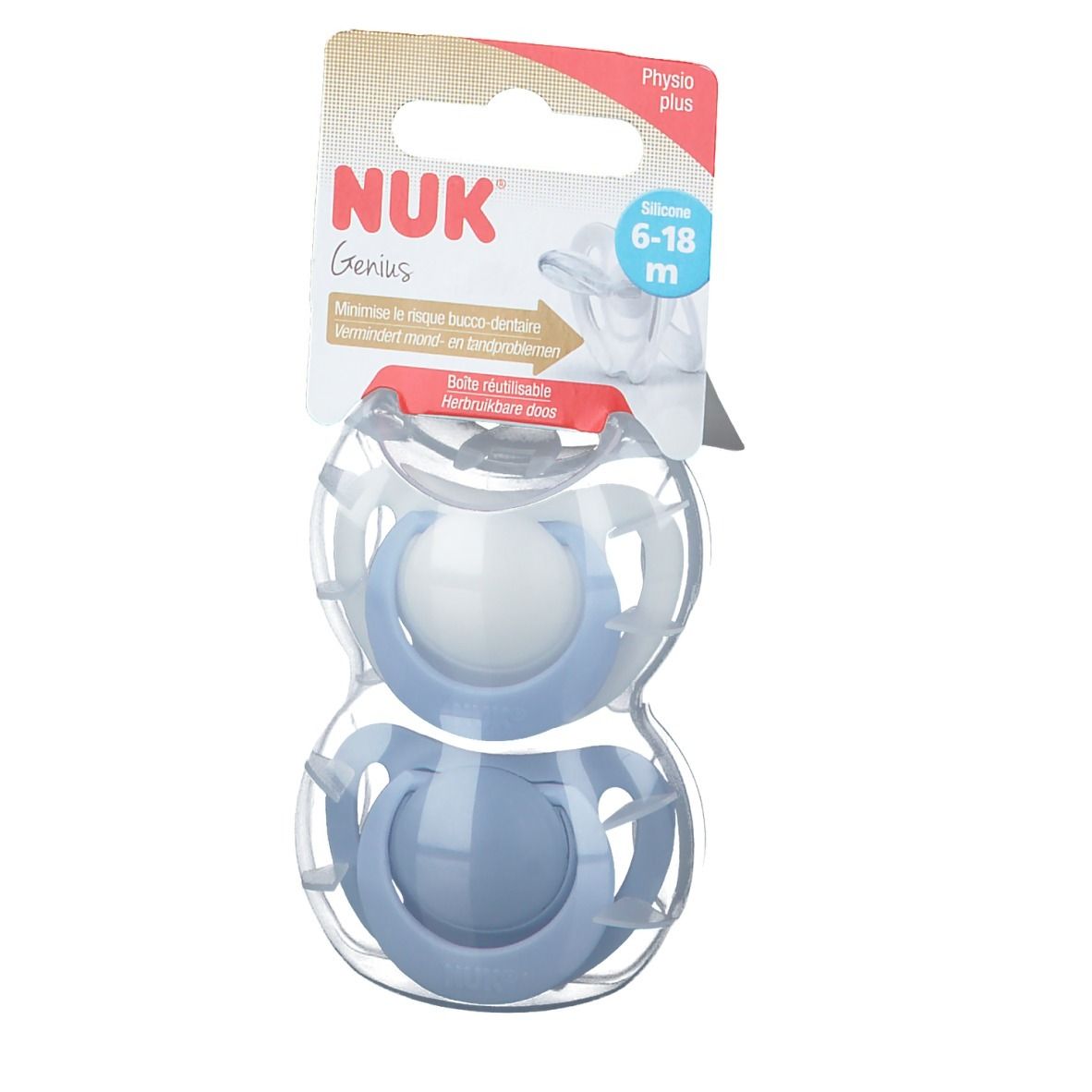 Deux sucettes bleues dans un emballage transparent. NUK Genius, 6-18 mois. Physio plus. Boîte réutilisable.