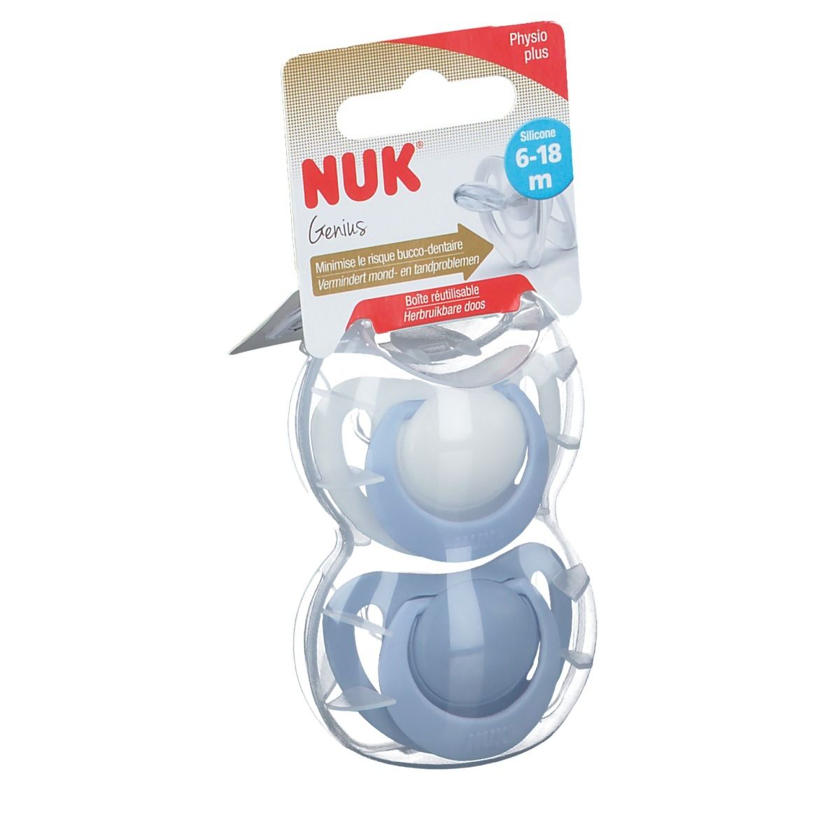 Deux sucettes bleues dans un emballage transparent. NUK Genius, 6-18 mois. Physio plus. Boîte réutilisable.