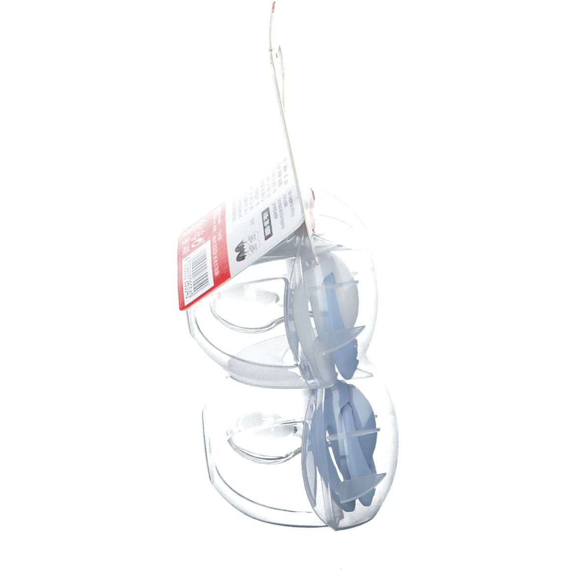 Vue latérale de l'emballage avec deux sucettes bleues. Emballage plastique transparent. Étiquette NUK.