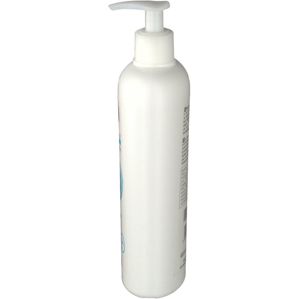 Flacon blanc avec pompe, vue latérale. Inscriptions au dos.