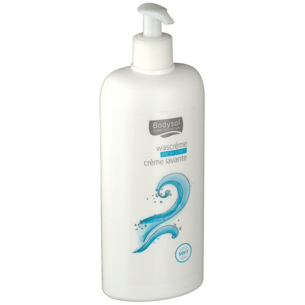 Flacon blanc avec pompe. Inscription Bodysol, Waschcrème, Fresh Start, Crème lavante. Illustration d'eau bleue.