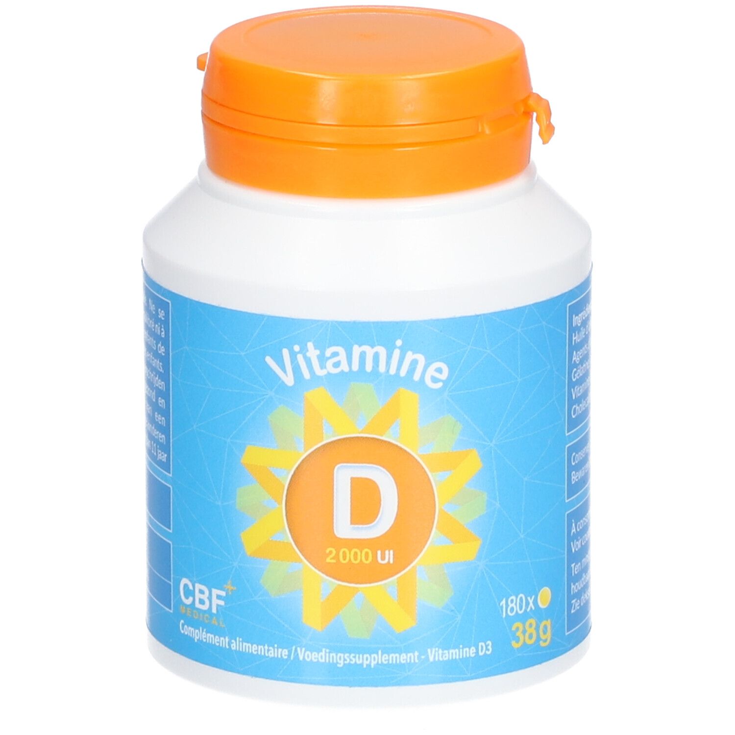 Flacon blanc, bouchon orange. Inscription: Vitamine D 2000 UI. Bande bleue avec logo CBF. Complément alimentaire.