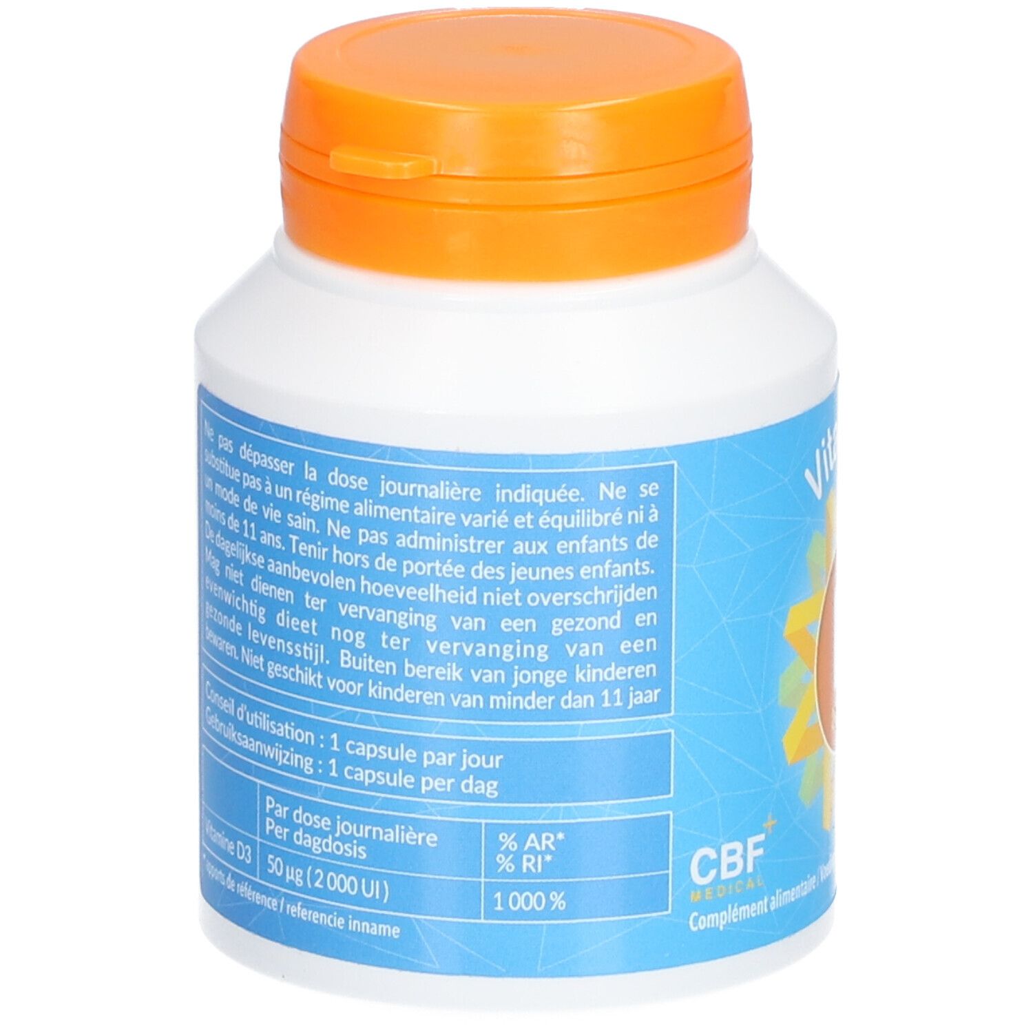 Dos du flacon blanc, bouchon orange. Texte: Mode d'emploi, Vitamine D3, logo CBF. Informations nutritionnelles.