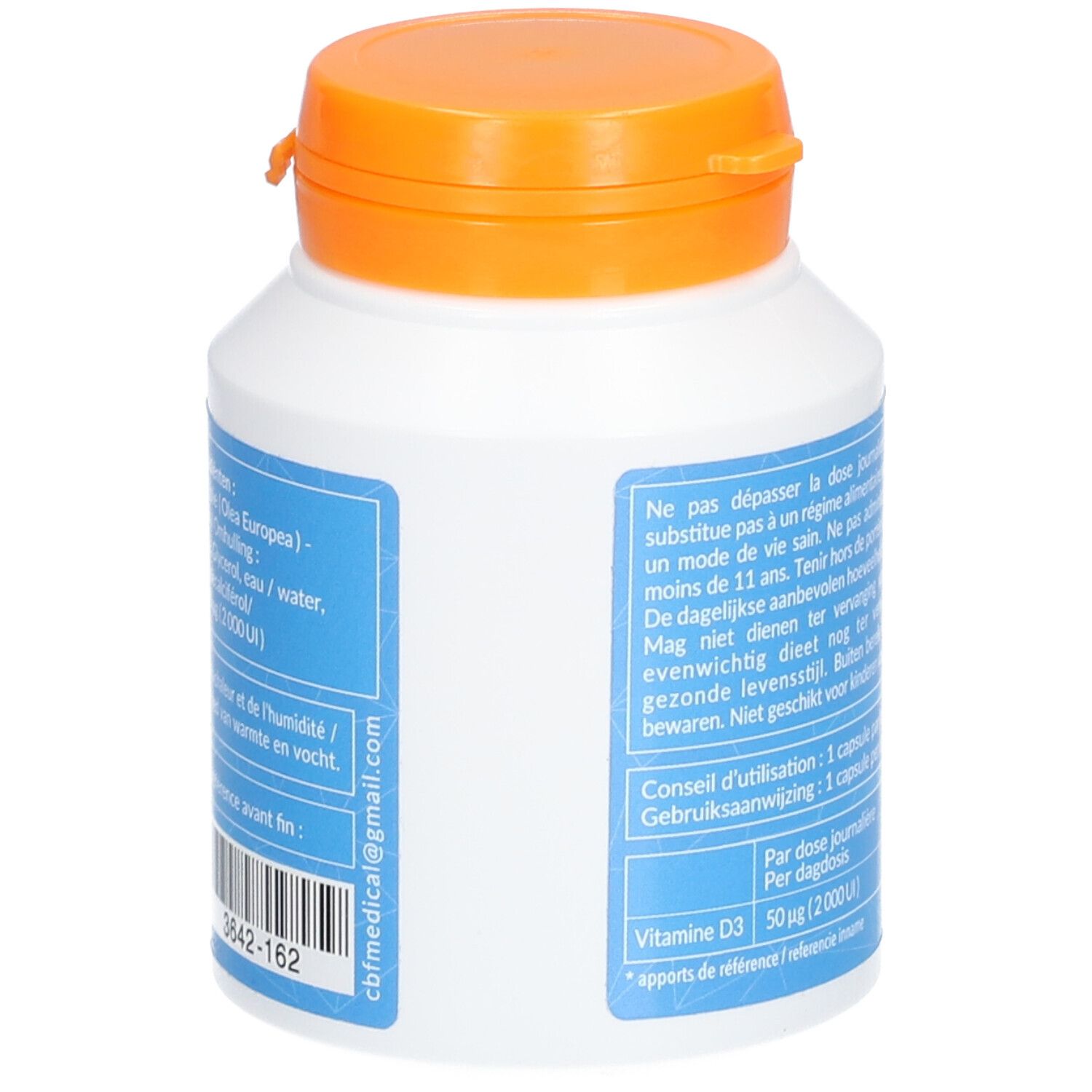 Flacon blanc, bouchon orange. Inscription: Mode d'emploi, Vitamine D3, logo CBF. Code-barres.