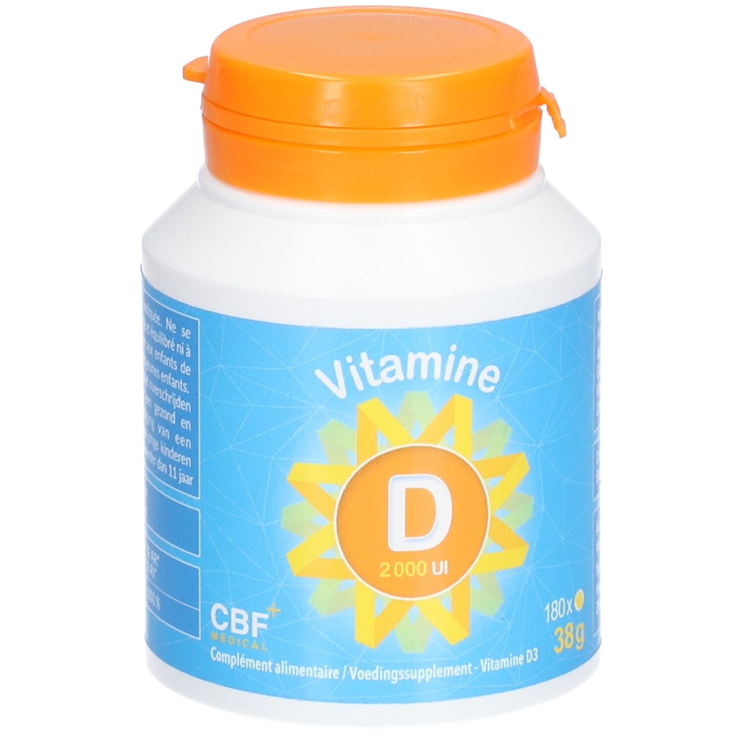 Flacon blanc, bouchon orange. Inscription: Vitamine D 2000 UI. Bande bleue avec logo CBF. Complément alimentaire.