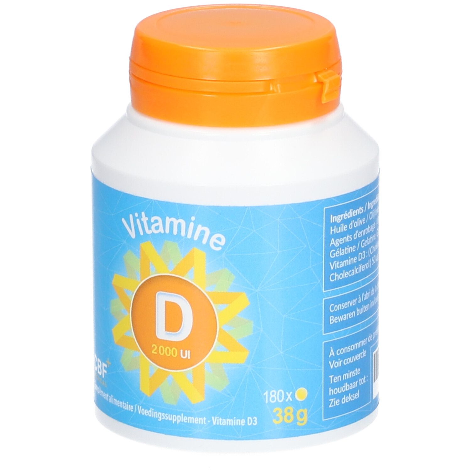 Flacon blanc, bouchon orange. Inscription: Vitamine D 2000 UI. Bande bleue avec logo CBF. 180x.