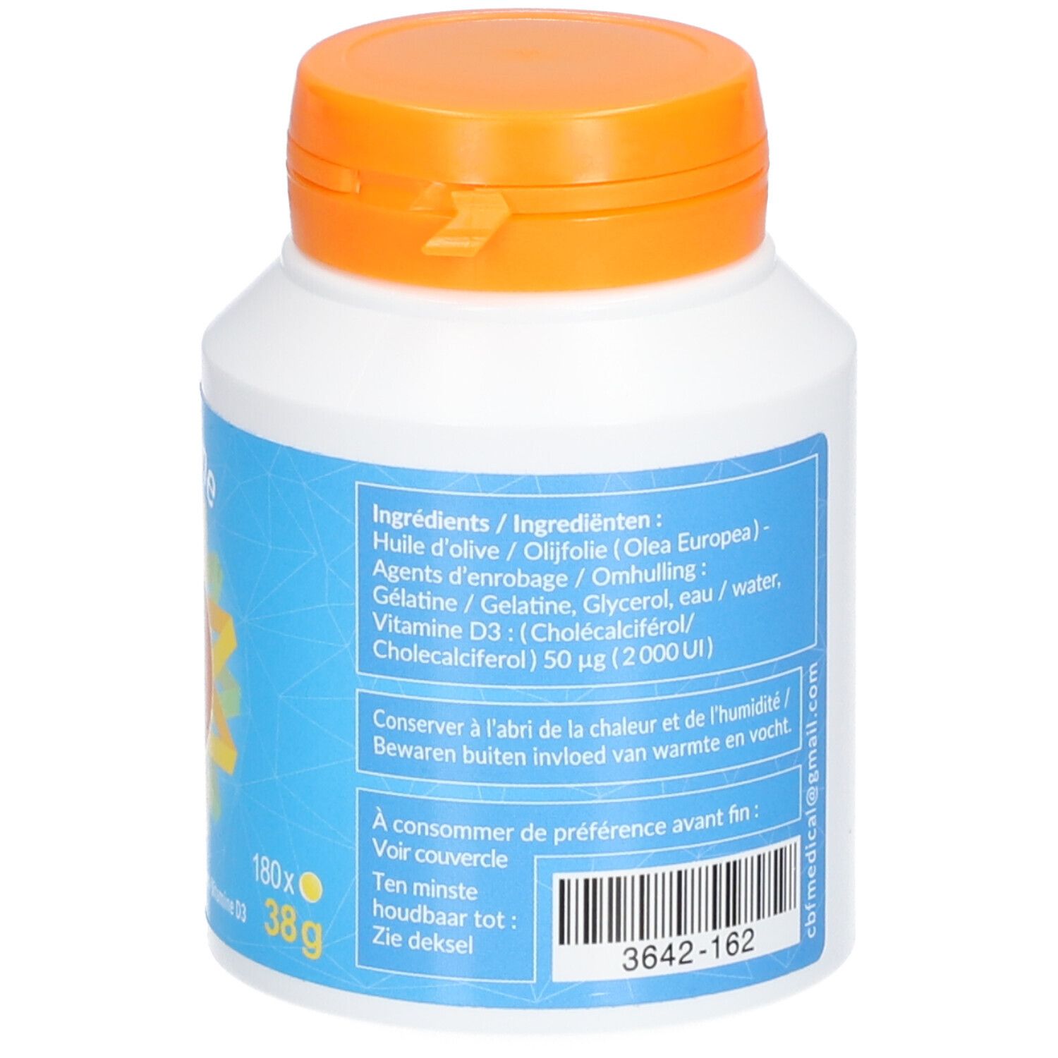 Flacon blanc, bouchon orange. Inscription: Ingrédients, Vitamine D3, logo CBF. 180x.