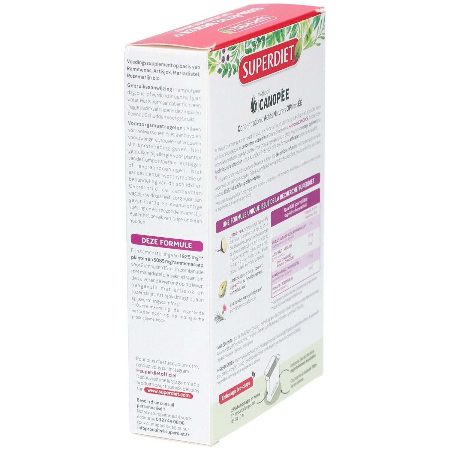 Vue latérale de la boîte Superdiet. Texte: Bien-Être Digestif. Ingrédients et dosage. Certification Bio. Méthode Canopée.