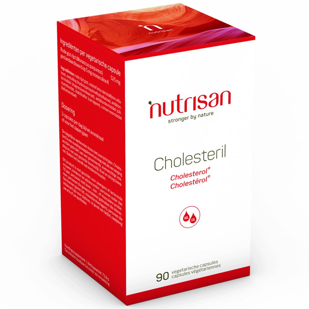 Boîte rouge et blanche Nutrisan Cholesteril. Contient 90 gélules. Texte: Cholesteril, 525mg.