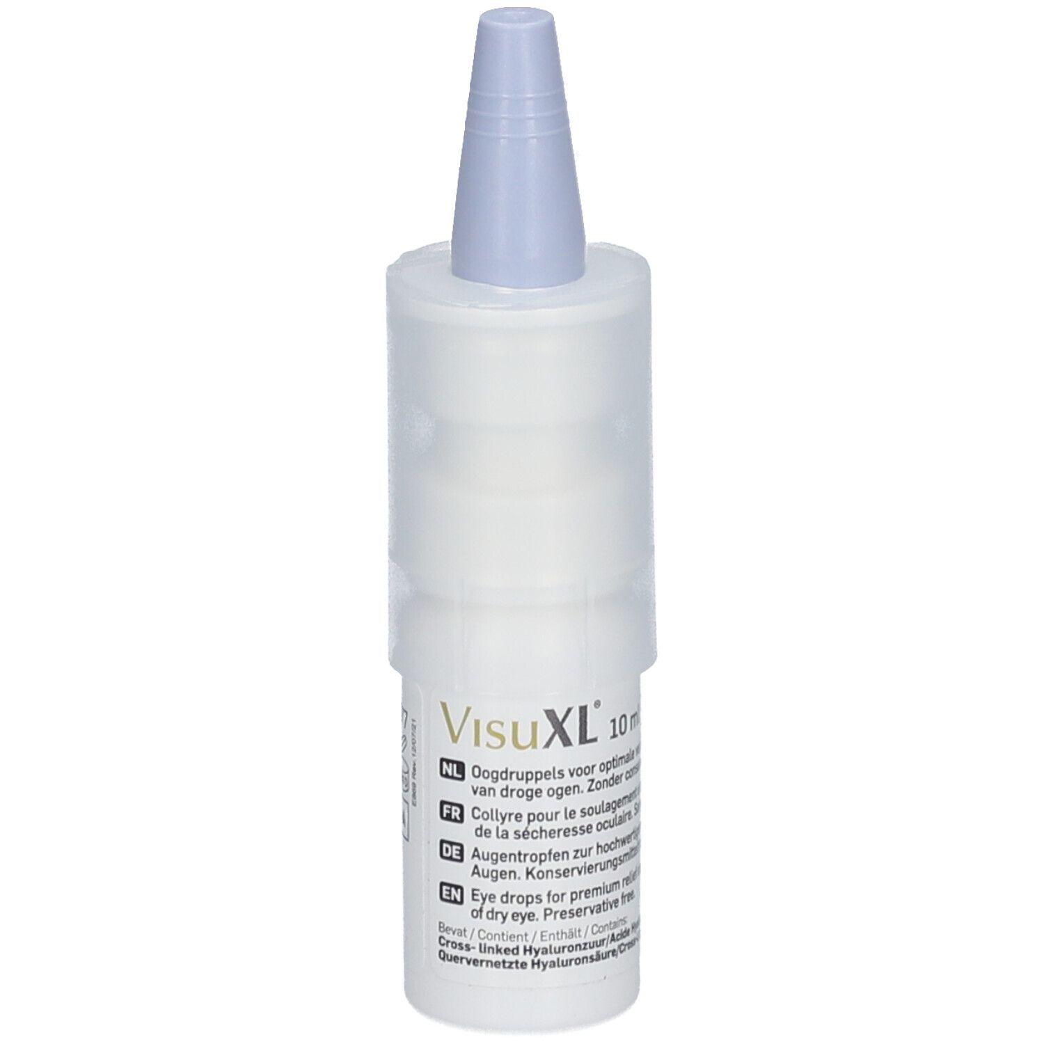 Flacon de gouttes oculaires VisuXL avec applicateur bleu. Contient de l'acide hyaluronique.