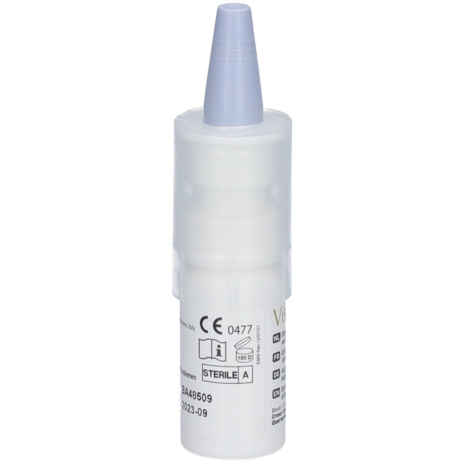 Flacon de gouttes oculaires VisuXL avec marquage CE et indicateur de stérilité.