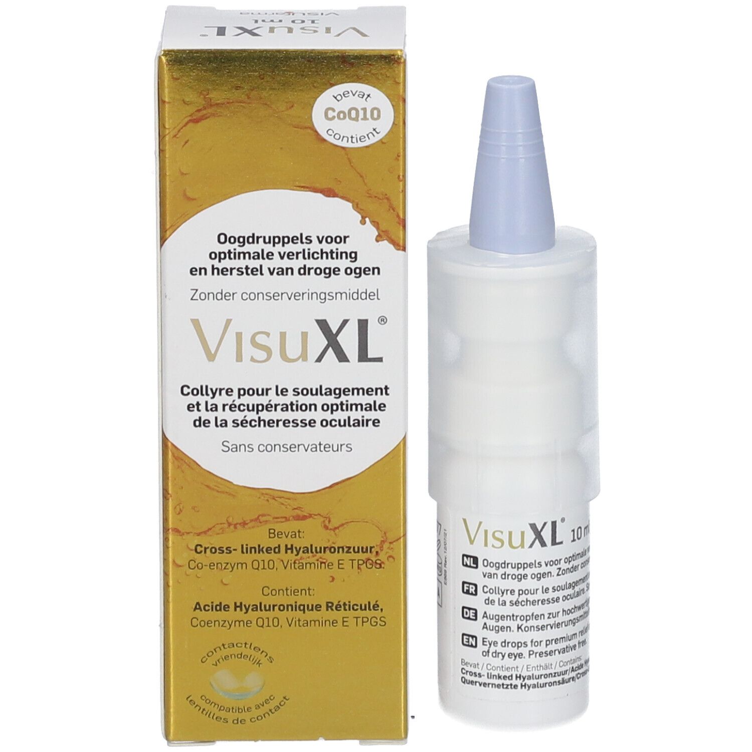 Flacon et boîte VisuXL gouttes oculaires, dorés avec informations produit.