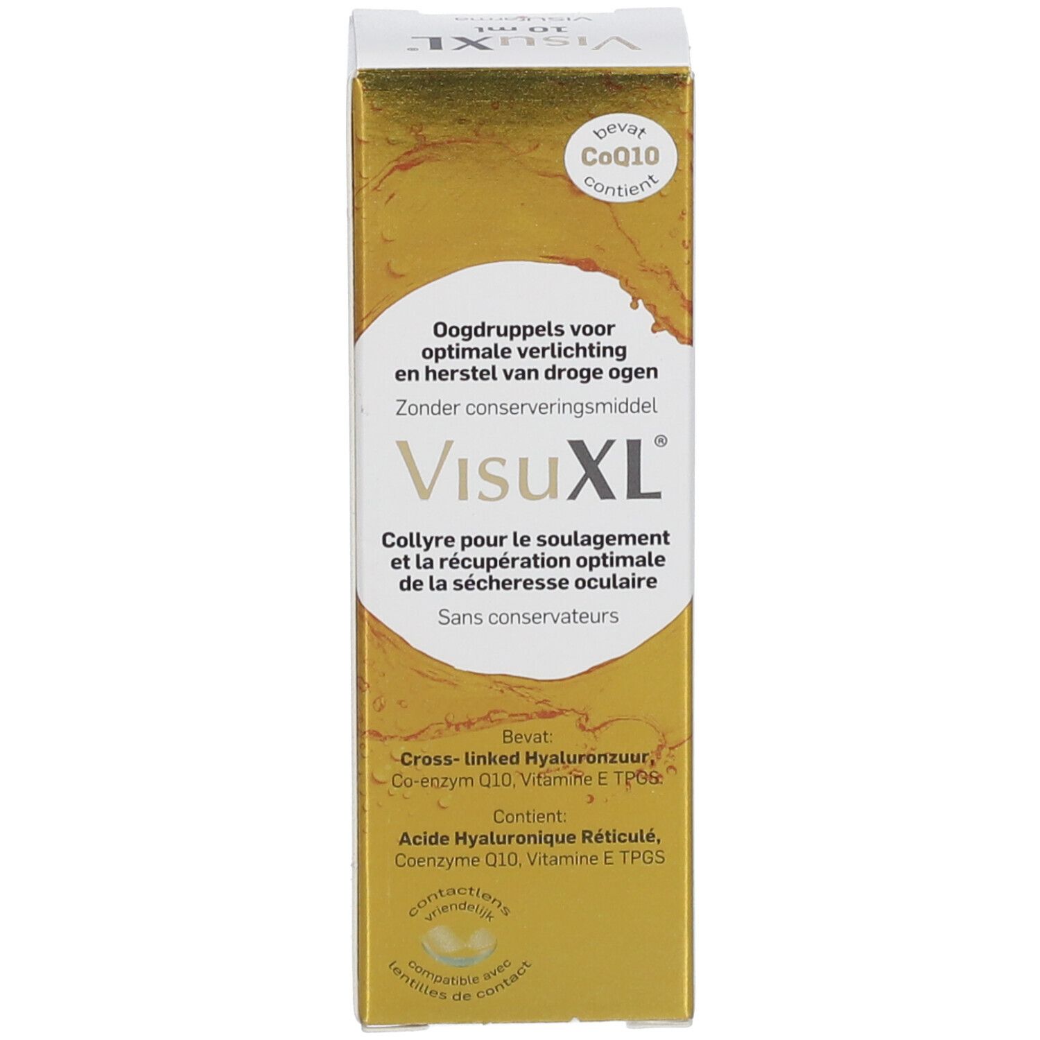 Boîte VisuXL gouttes oculaires, dorée, avec Coenzyme Q10 et Vitamine E.