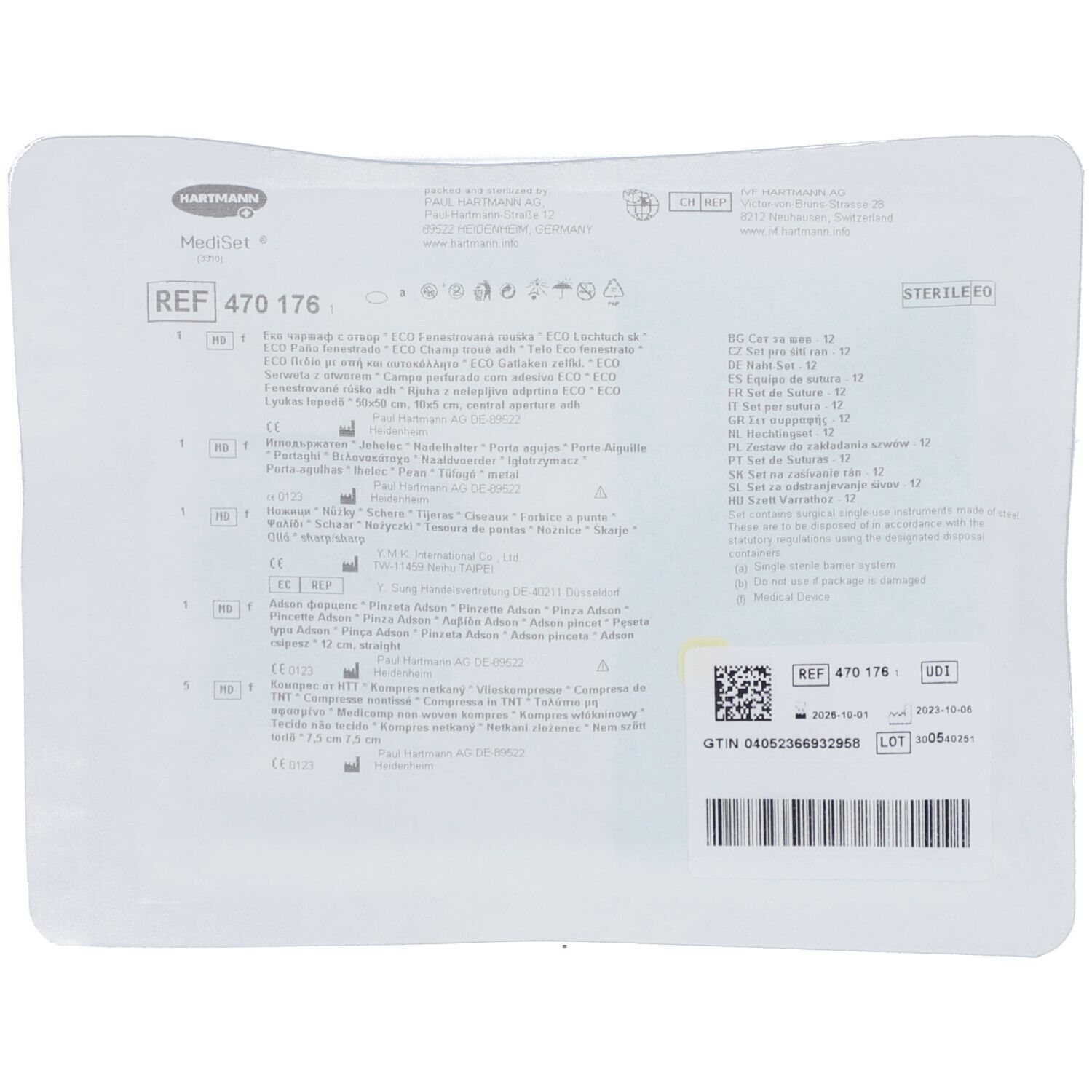 Dos de l'emballage MediSet Nahtgarnitur. Contient des informations sur le produit, le numéro de référence et le numéro de lot. Stérilisé.