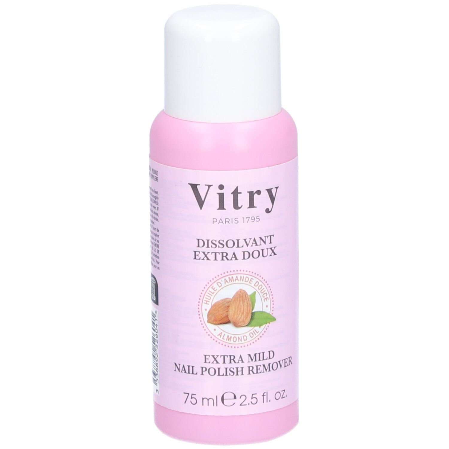 Flacon rose à bouchon blanc. Inscription: Vitry, Dissolvant Extra Doux, Huile d'Amande Douce, Extra Mild Nail Polish Remover.