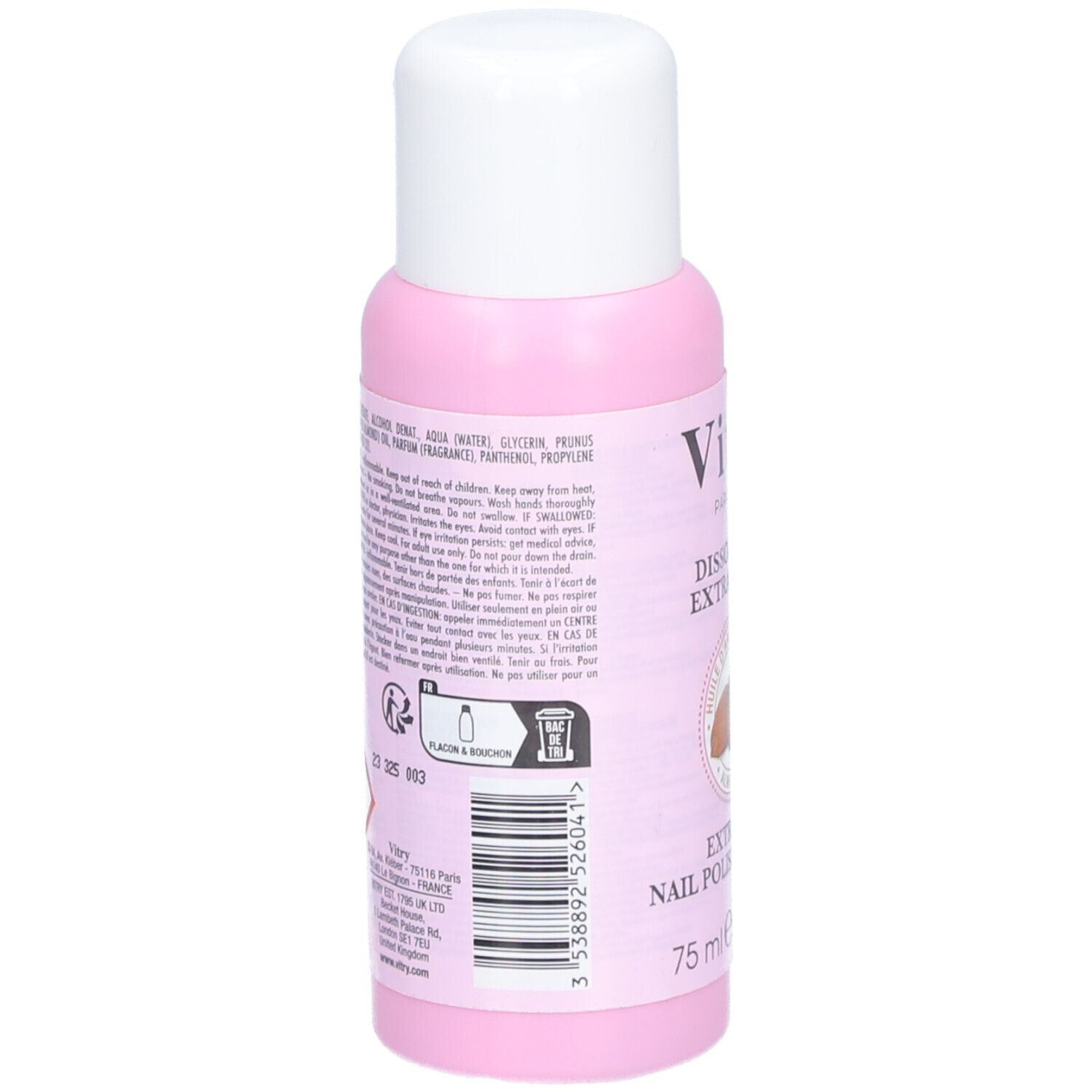 Flacon rose à bouchon blanc. Dos avec ingrédients, avertissements et code-barres.