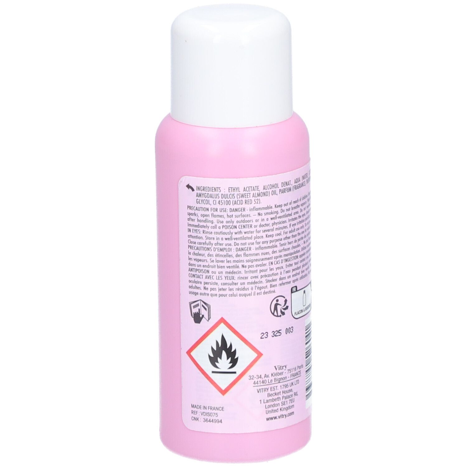 Flacon rose à bouchon blanc. Côté avec ingrédients, avertissements et symbole de danger.