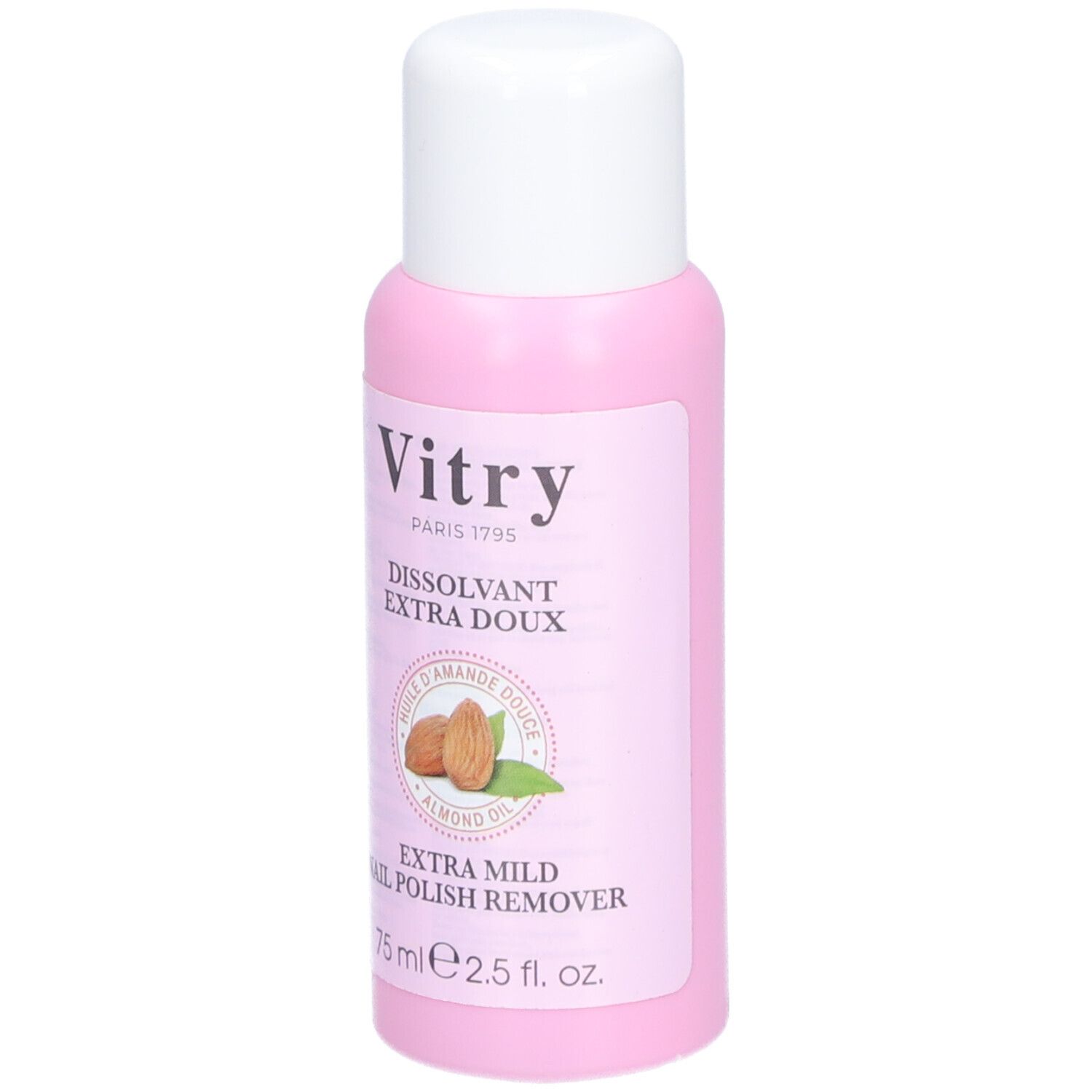 Flacon rose à bouchon blanc. Inscription: Vitry, Dissolvant Extra Doux, Huile d'Amande Douce, Extra Mild Nail Polish Remover.