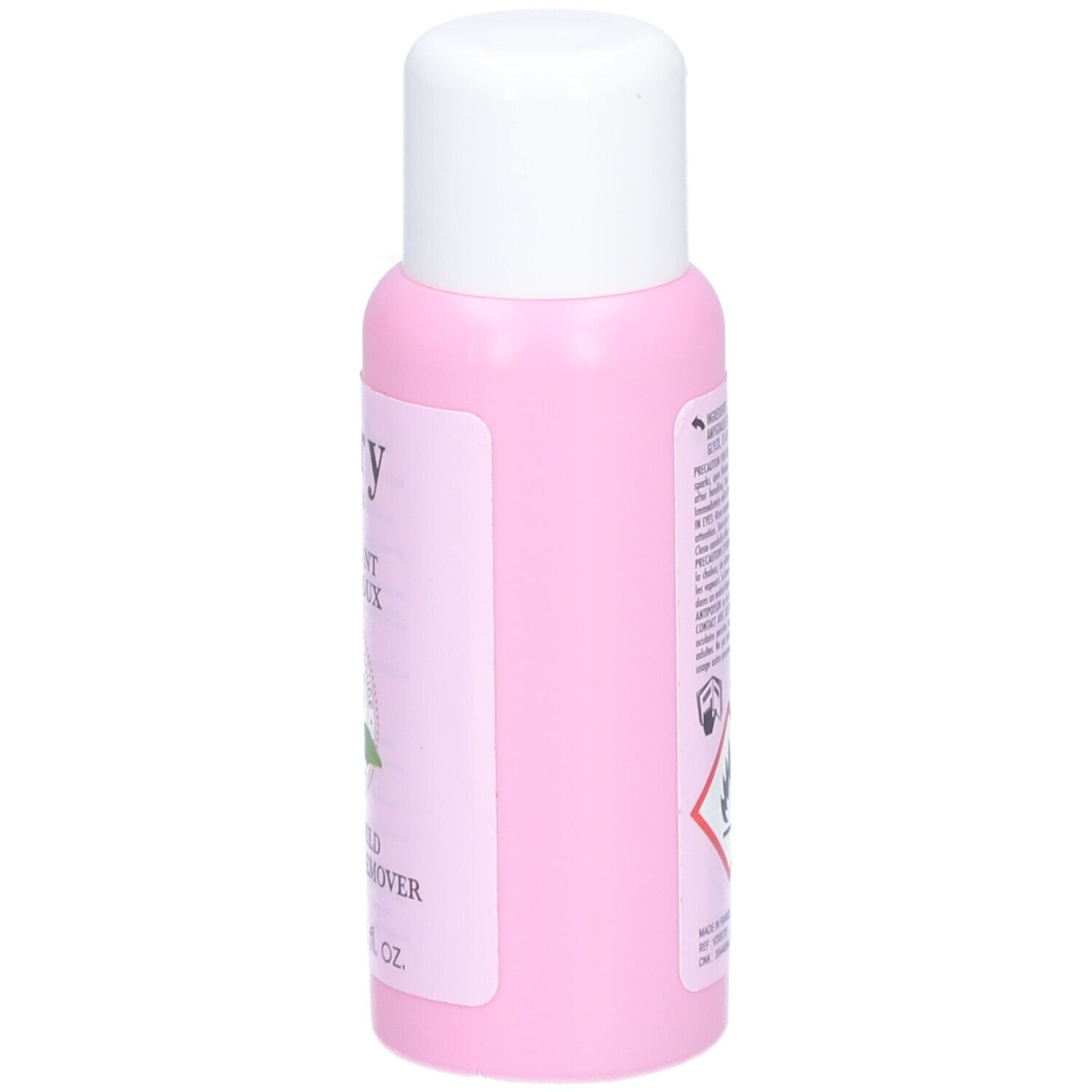 Flacon rose à bouchon blanc. Côté avec informations produit et symbole de danger.