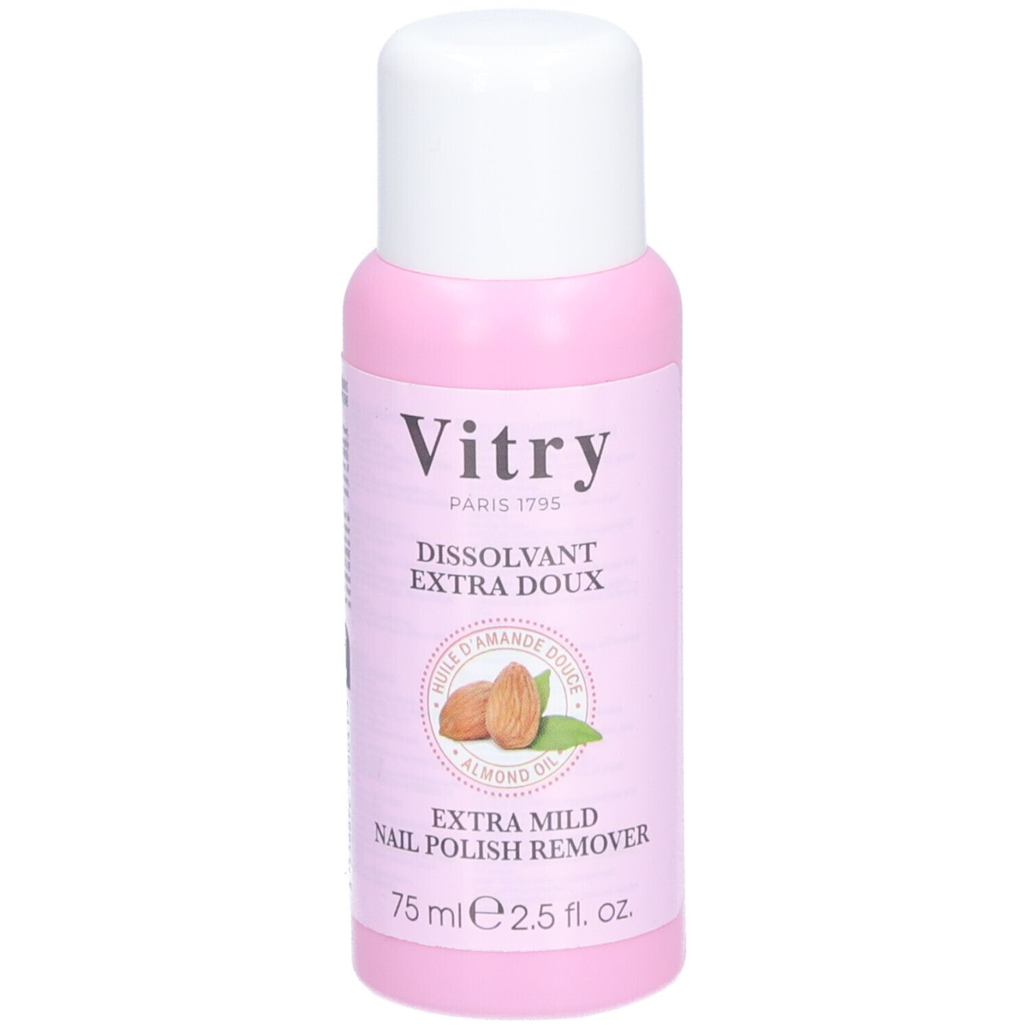 Flacon rose à bouchon blanc. Inscription: Vitry, Dissolvant Extra Doux, Huile d'Amande Douce, Extra Mild Nail Polish Remover.