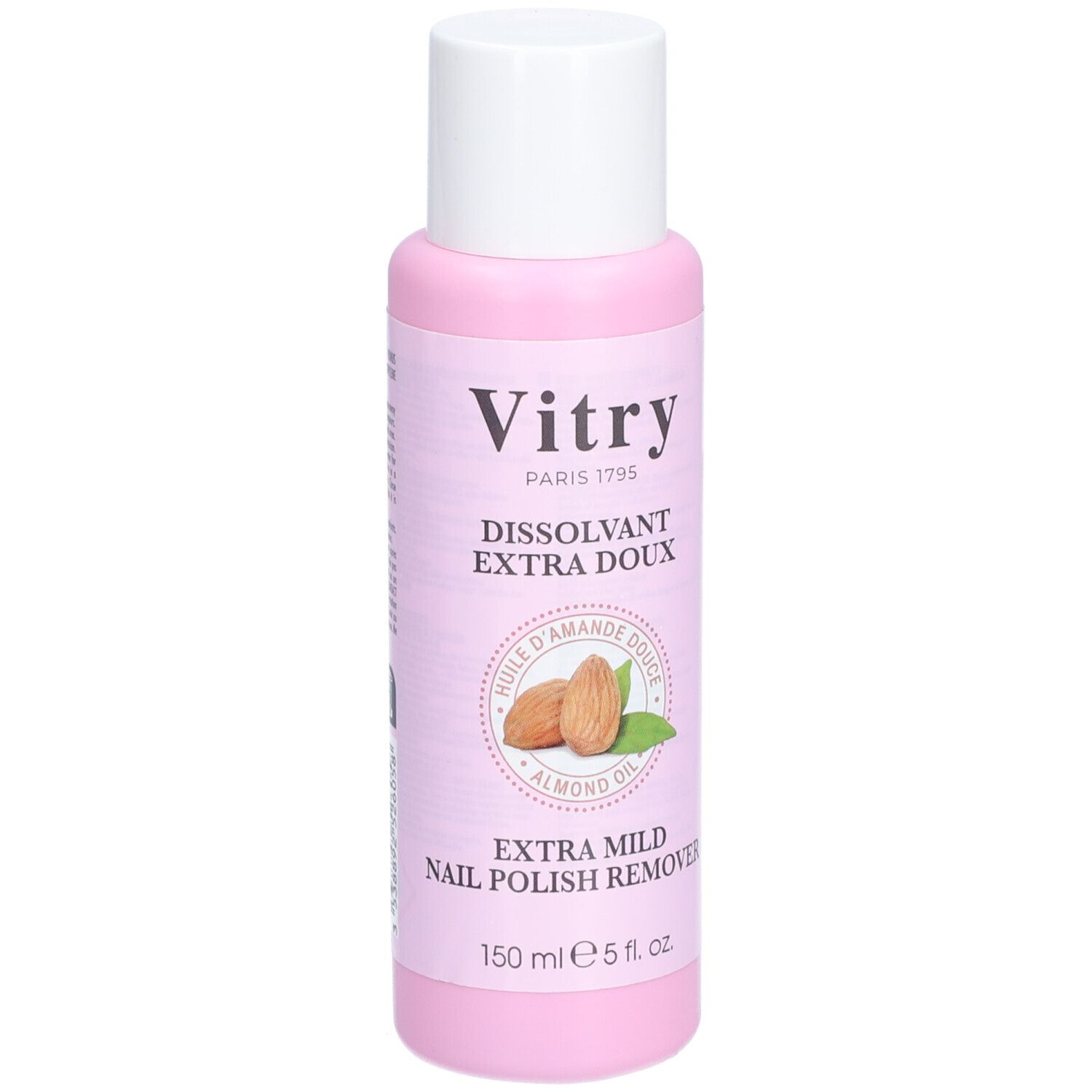 Flacon rose à bouchon blanc. Inscription: Vitry, Dissolvant Extra Doux, huile d'amande douce. Extra Mild Nail Polish Remover.