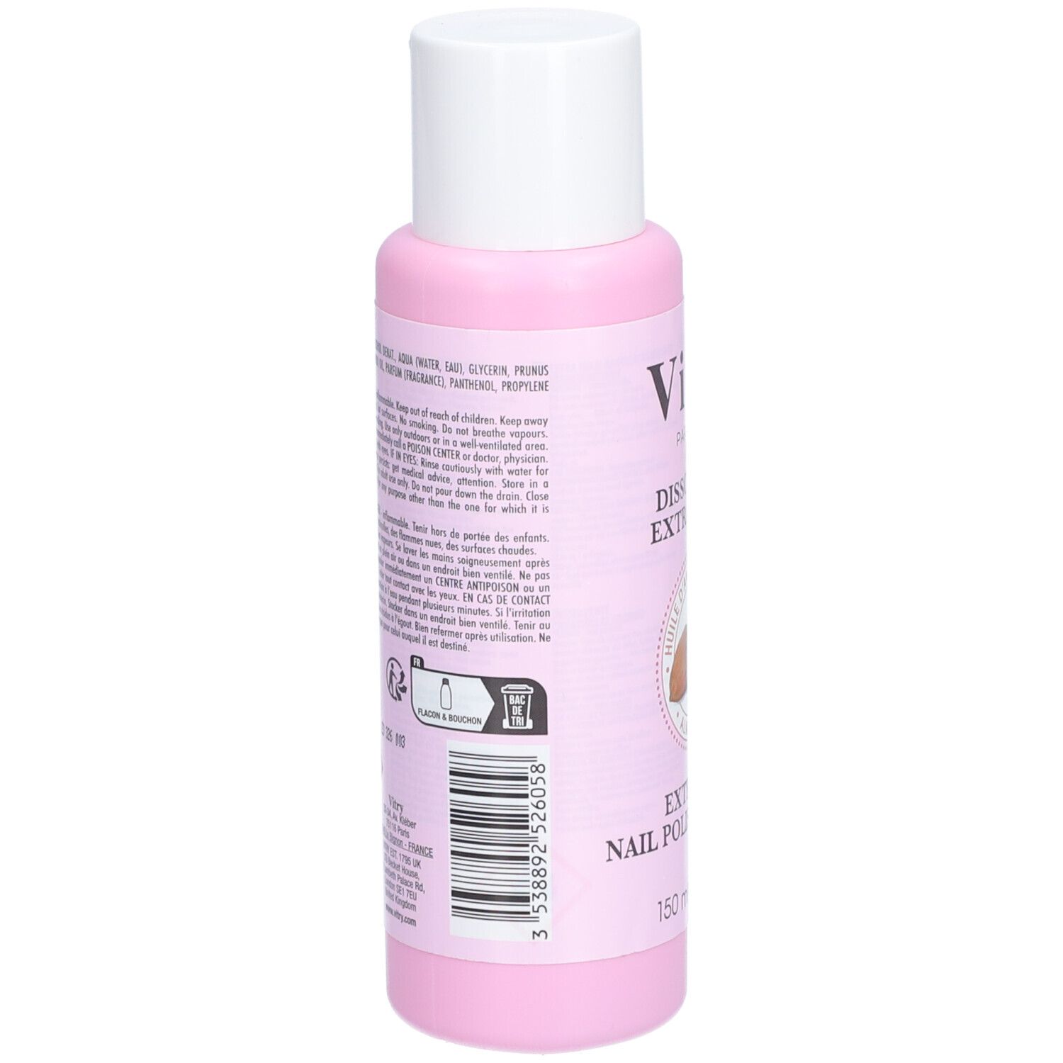 Dos du flacon rose à bouchon blanc. Texte et symboles. Code-barres et avertissement.