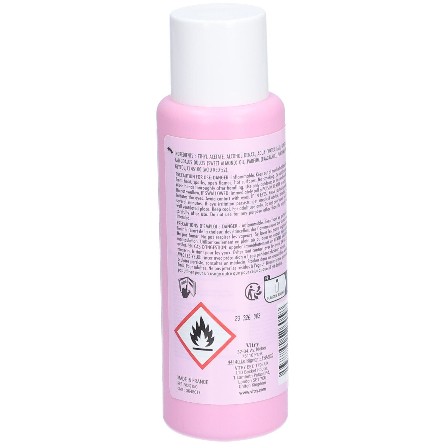 Dos du flacon rose à bouchon blanc. Texte, symboles et avertissement. Fabriqué en France.